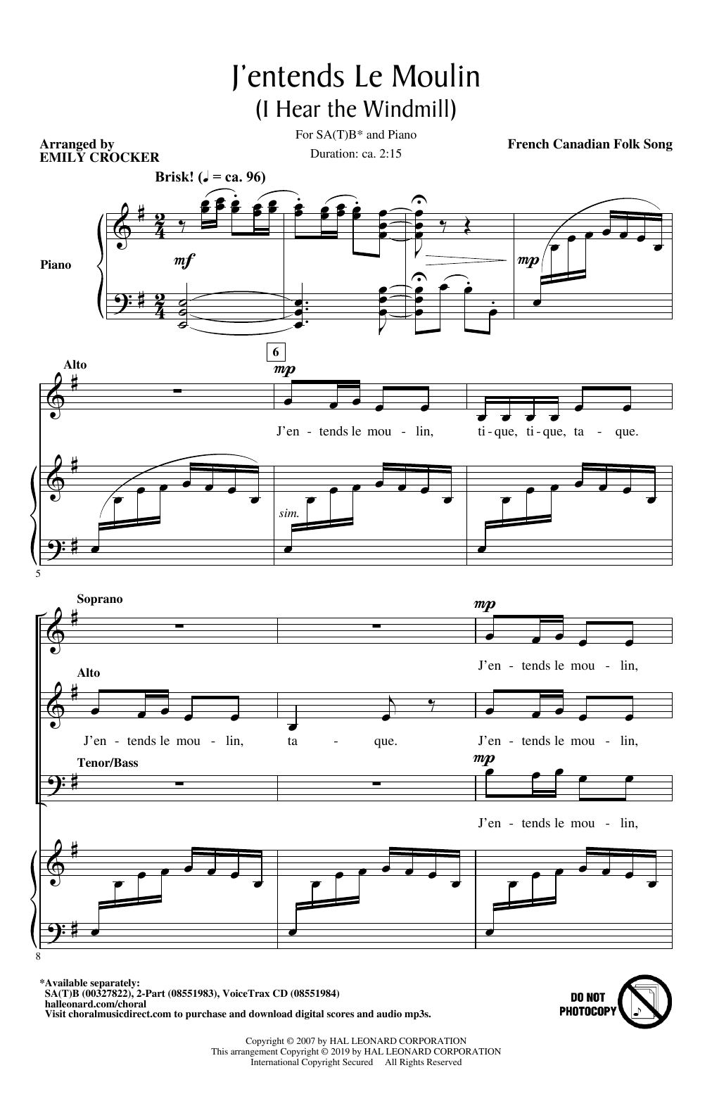 French Canadian Folk Song J'entends Le Moulin (I Hear the Windmill) (arr. Emily Crocker) Sheet Music Notes & Chords for SATB Choir - Download or Print PDF