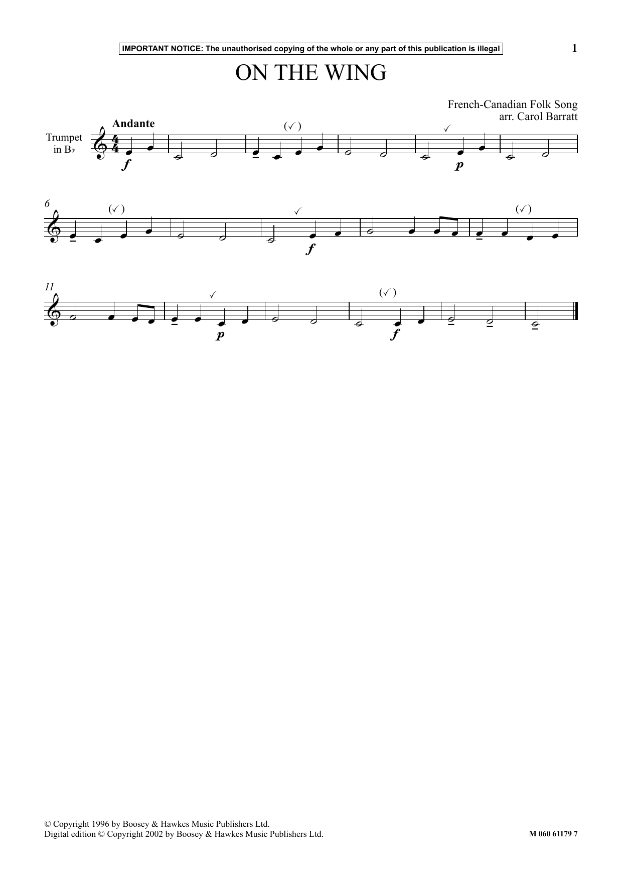 French-Canadian Folk Song On The Wing Sheet Music Notes & Chords for Instrumental Solo - Download or Print PDF