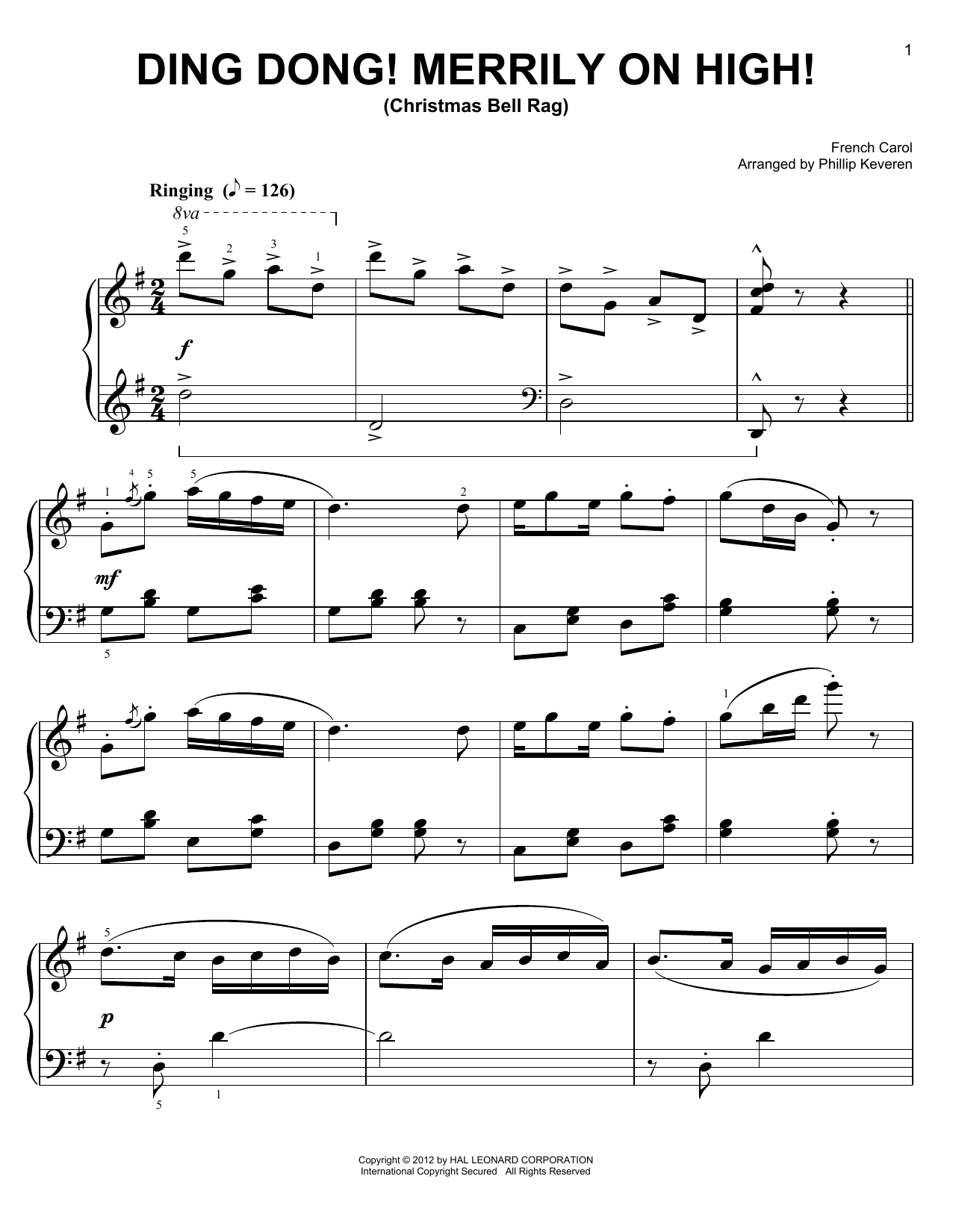 French Carol Ding Dong! Merrily On High! [Ragtime version] (arr. Phillip Keveren) Sheet Music Notes & Chords for Easy Piano - Download or Print PDF