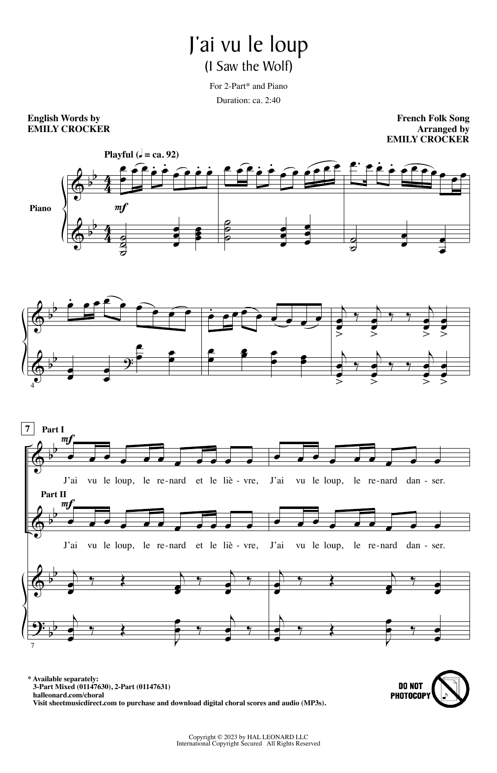 French Folk Song J'ai Vu Le Loup (I Saw The Wolf) (arr. Emily Crocker) Sheet Music Notes & Chords for 2-Part Choir - Download or Print PDF