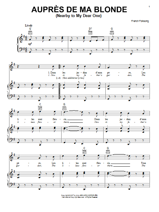 French Folksong Aupres De Ma Blonde (Nearby To My Dear One) Sheet Music Notes & Chords for Piano, Vocal & Guitar (Right-Hand Melody) - Download or Print PDF