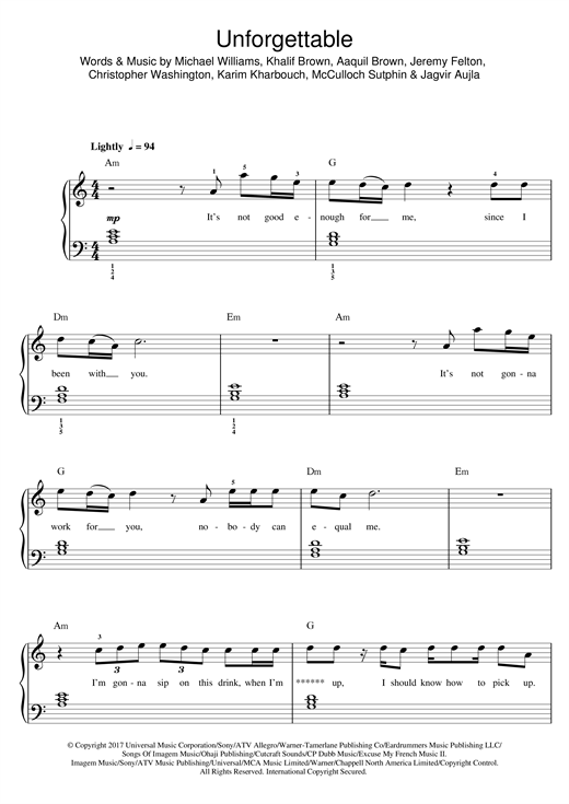 French Montana Unforgettable (feat. Swae Lee) Sheet Music Notes & Chords for Beginner Piano - Download or Print PDF