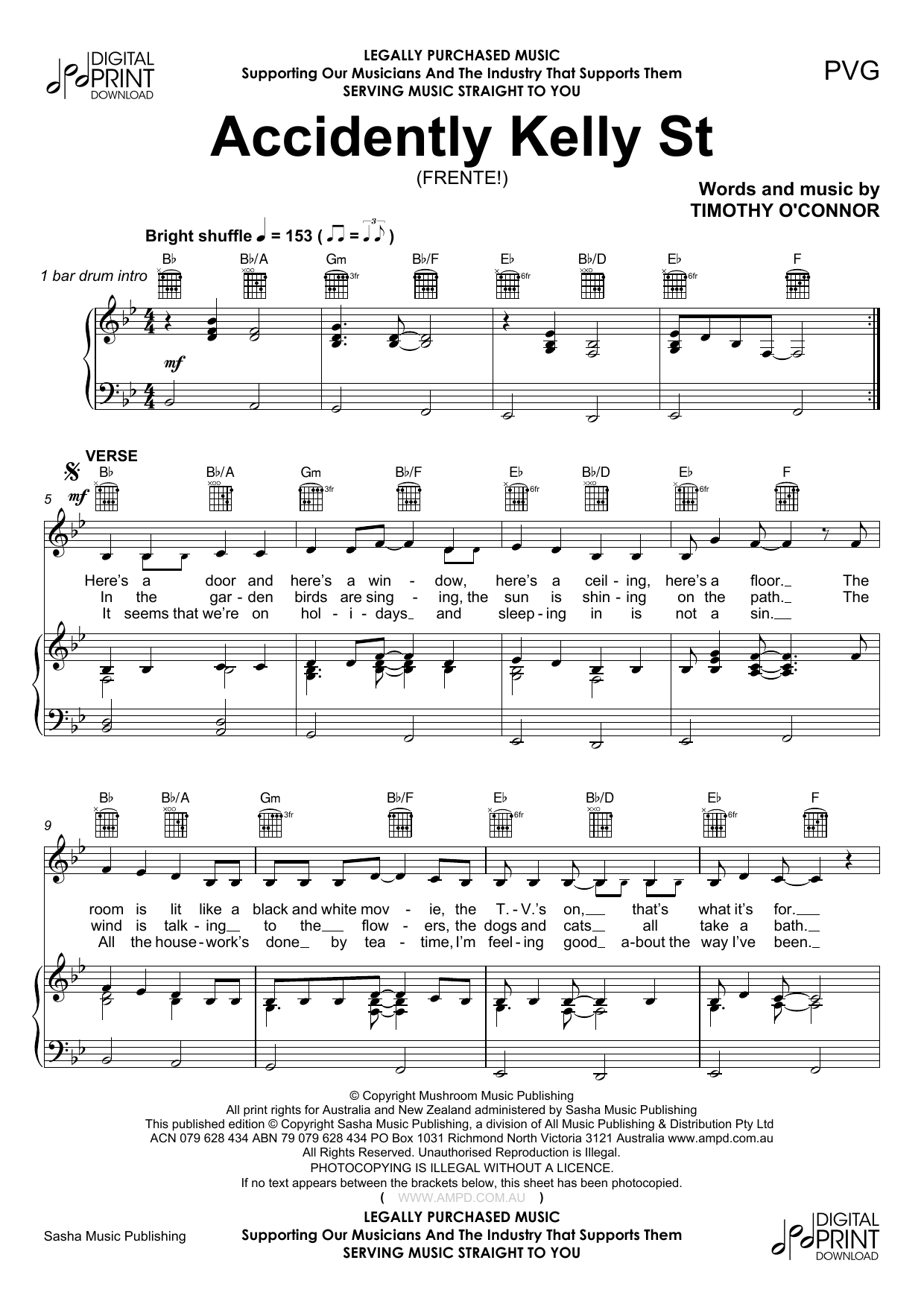 Frente Accidently Kelly St Sheet Music Notes & Chords for Piano, Vocal & Guitar (Right-Hand Melody) - Download or Print PDF