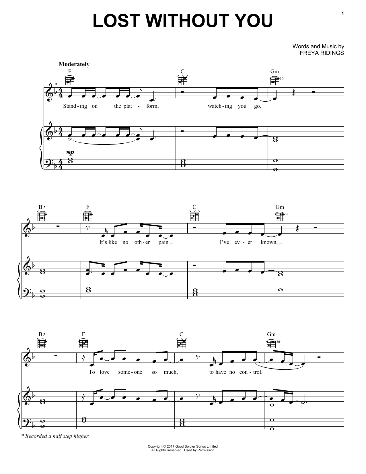 Freya Ridings Lost Without You Sheet Music Notes & Chords for Piano, Vocal & Guitar (Right-Hand Melody) - Download or Print PDF