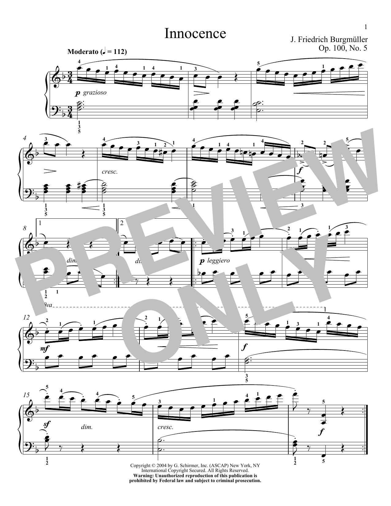 Friedrich Burgmuller Innocence, Op. 100, No. 5 Sheet Music Notes & Chords for Piano - Download or Print PDF