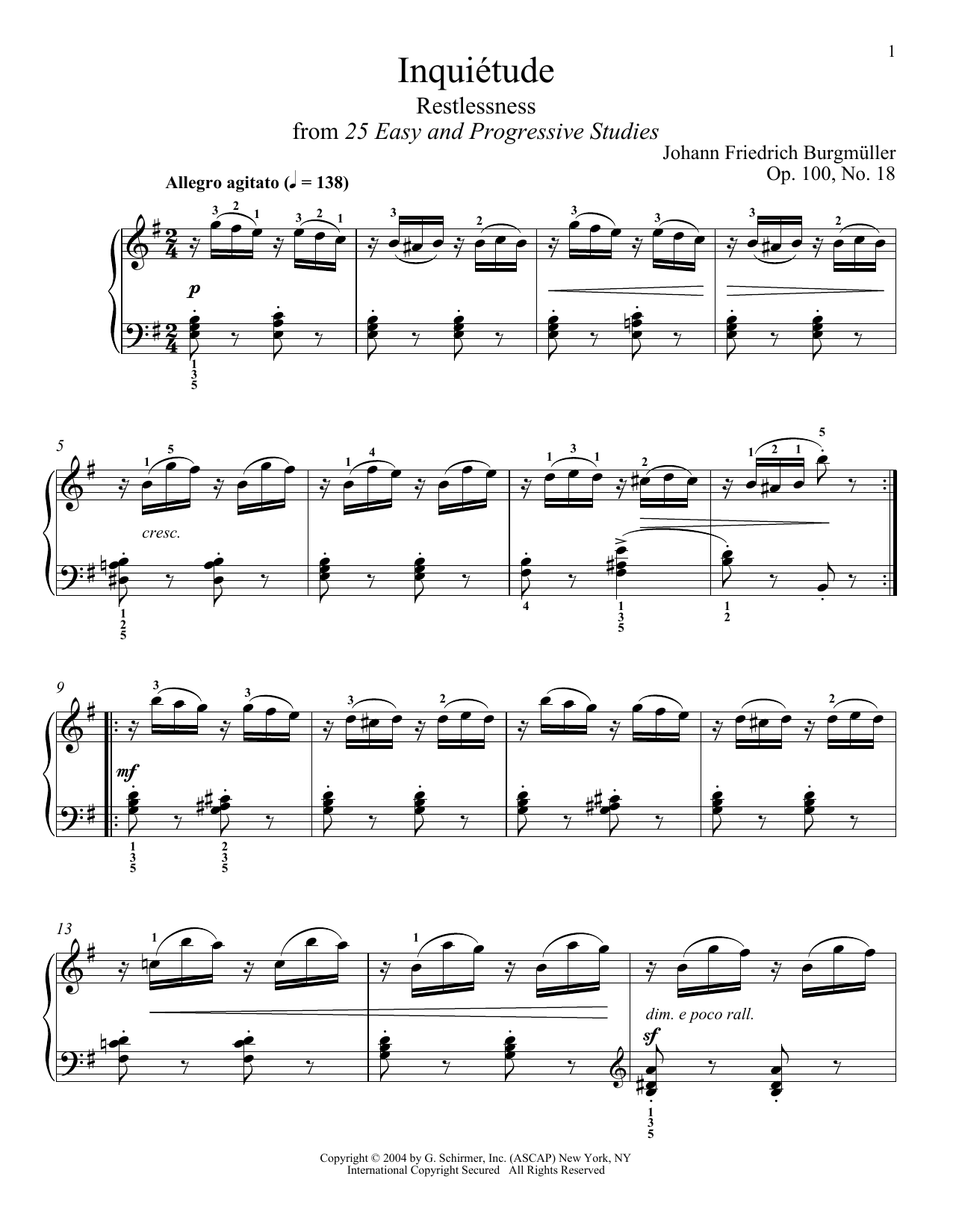 Friedrich Burgmuller Inquietude, Op. 100, No. 18 Sheet Music Notes & Chords for Piano - Download or Print PDF
