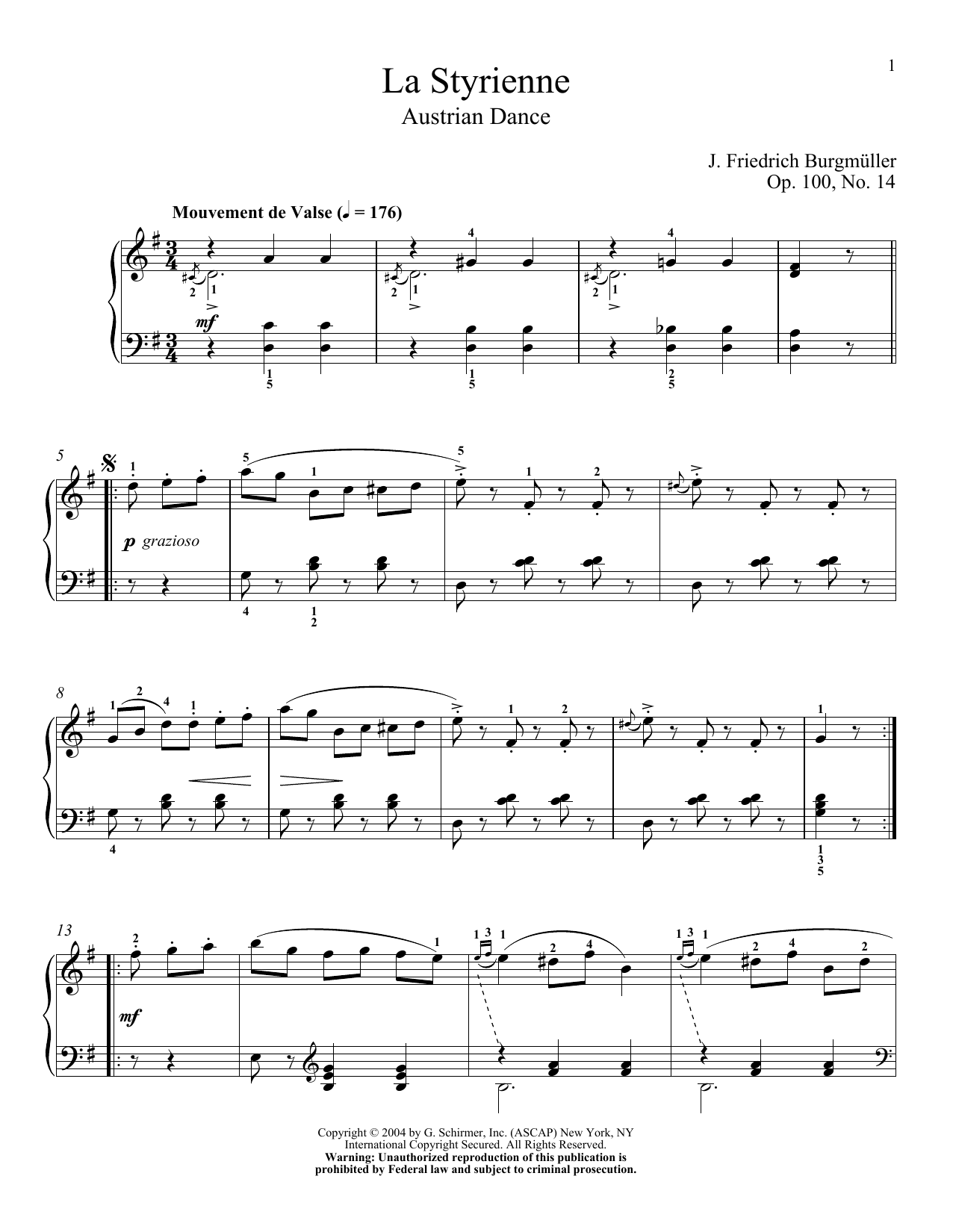 Friedrich Burgmuller La Styrienne, Op. 100, No. 14 Sheet Music Notes & Chords for Piano - Download or Print PDF