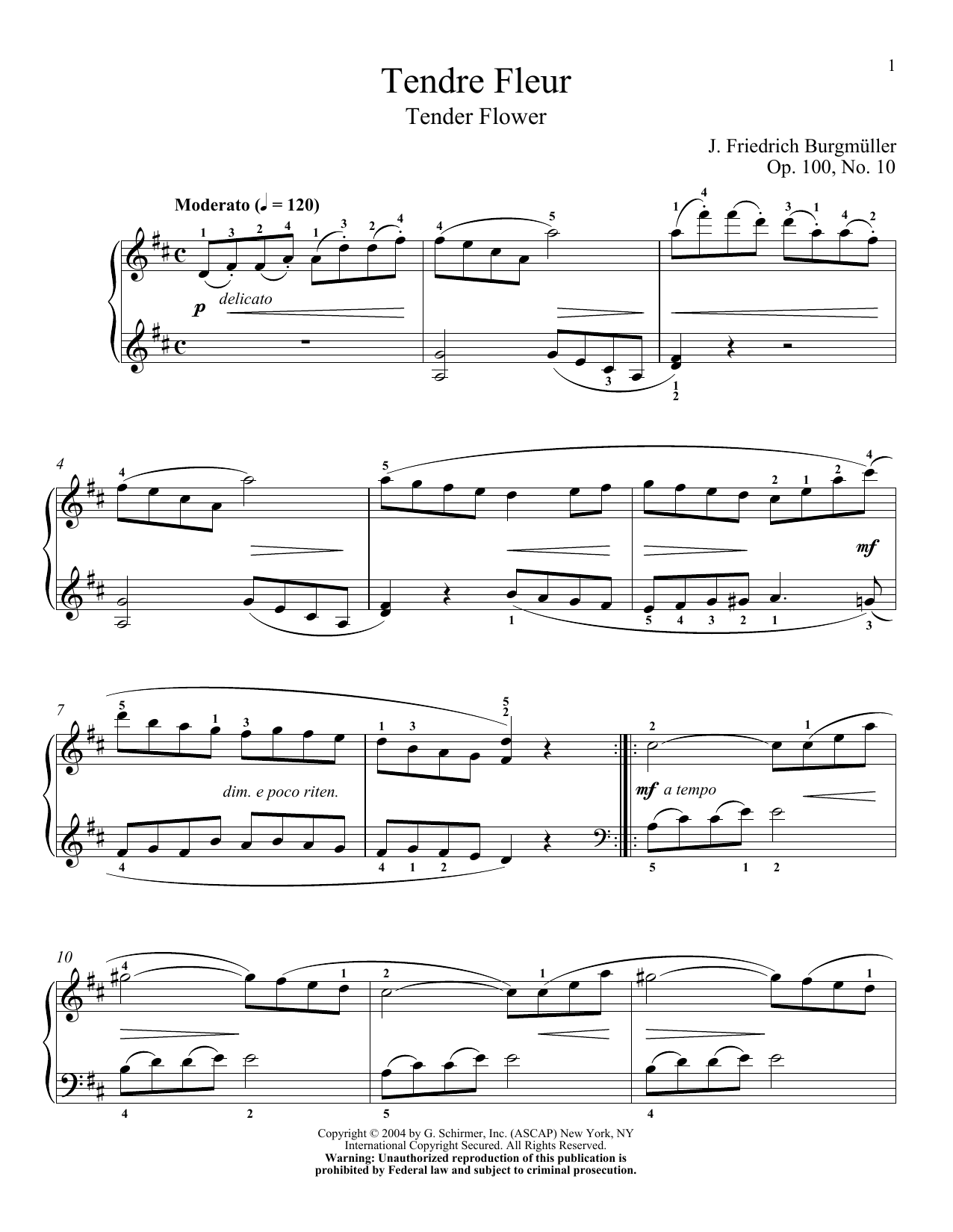 Friedrich Burgmuller Tender Blossom (Tender Fleur), Op. 100, No. 10 Sheet Music Notes & Chords for Piano - Download or Print PDF
