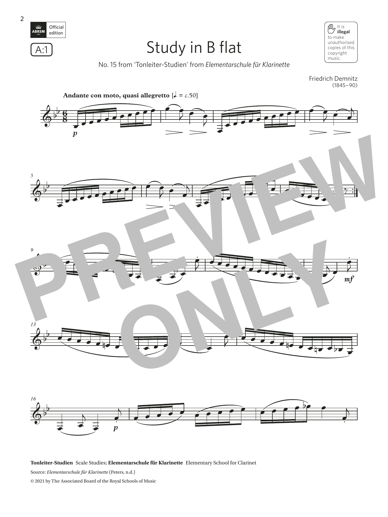 Friedrich Demnitz Study in B flat ('Tonleiter-Studien') (Grade 5 List A1 from the ABRSM Clarinet syllabus from 2022) Sheet Music Notes & Chords for Clarinet Solo - Download or Print PDF
