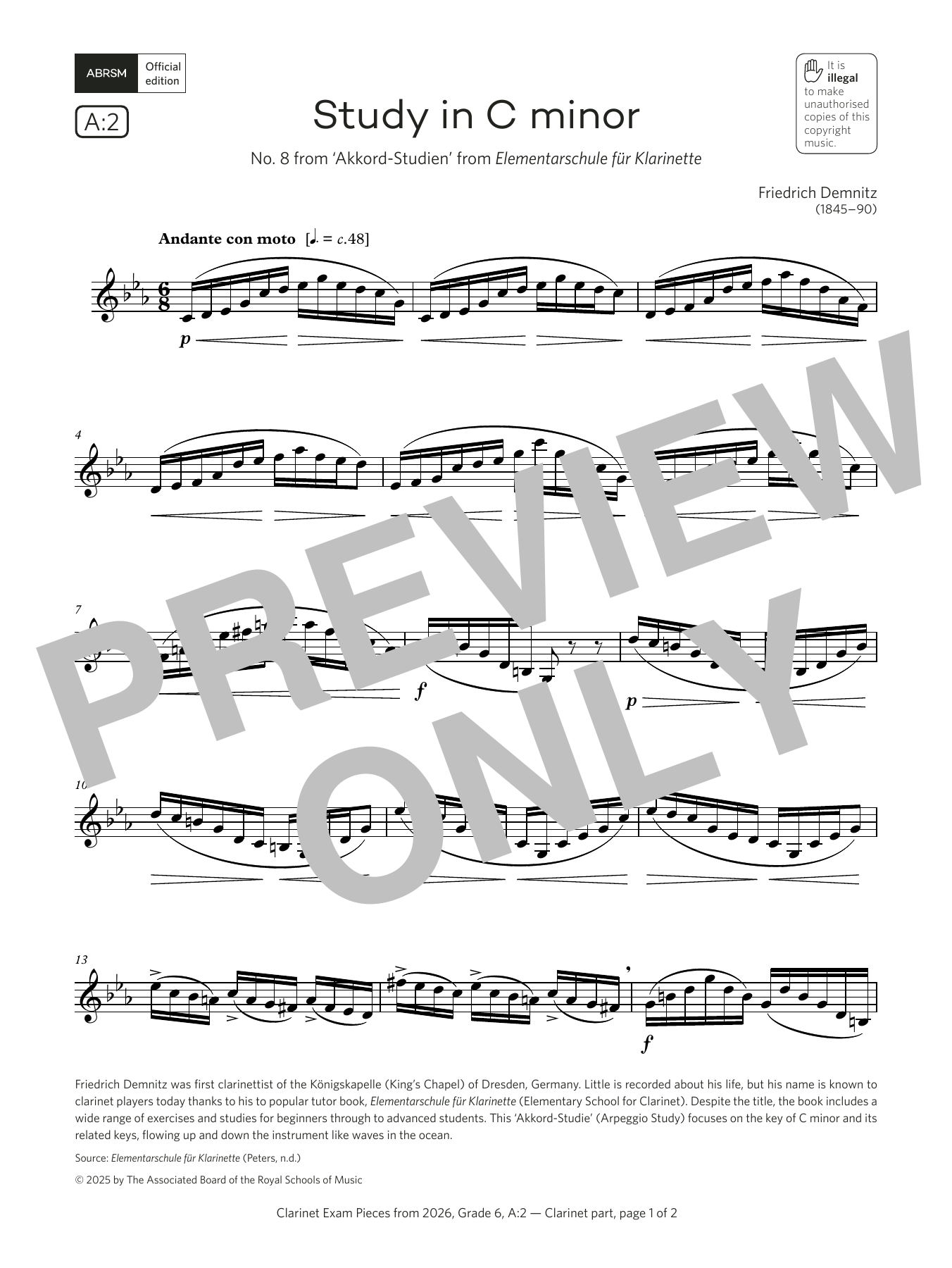 Friedrich Demnitz Study in C minor (Grade 6, list A2, from the ABRSM Clarinet Syllabus from 2026) Sheet Music Notes & Chords for Clarinet Solo - Download or Print PDF Friedrich Demnitz Study in C minor (Grade 6, list A2, from the ABRSM Clarinet Syllabus from 2026) Sheet Music Notes & Chords for Clarinet Solo - Download or Print PDF
