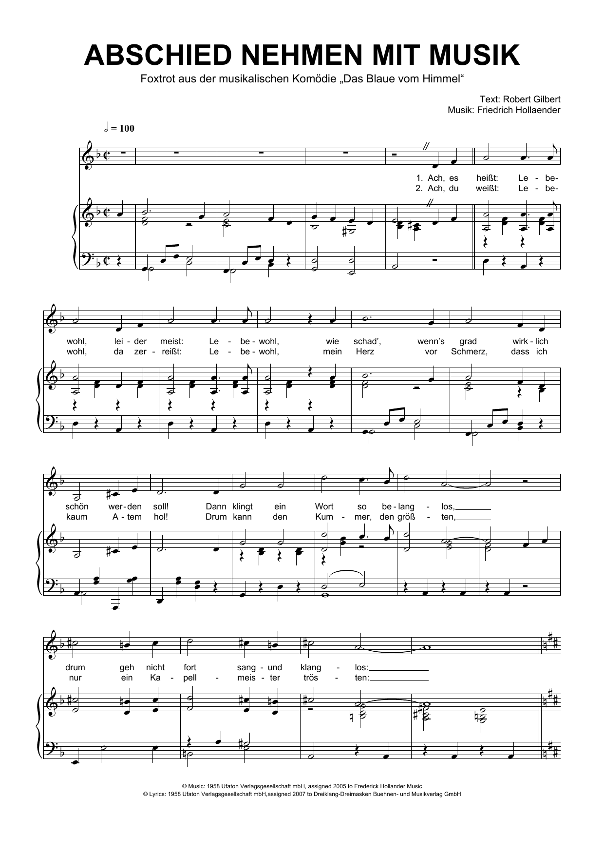 Friedrich Hollaender Abschiednehmen Mit Musik Sheet Music Notes & Chords for Piano & Vocal - Download or Print PDF
