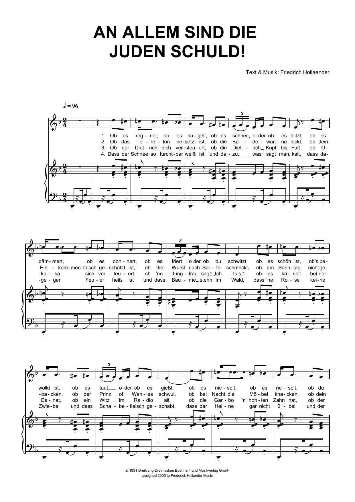 Friedrich Hollaender An Allem Sind Die Juden Schuld! Sheet Music Notes & Chords for Piano & Vocal - Download or Print PDF