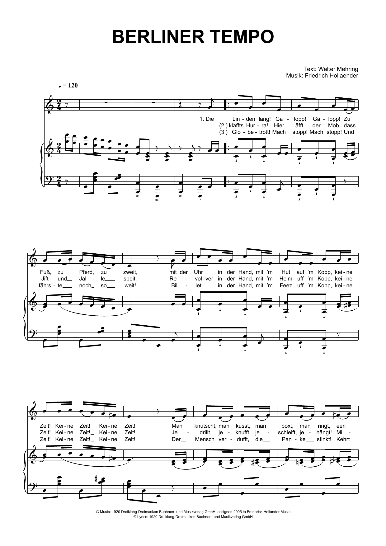 Friedrich Hollaender Berliner Tempo Sheet Music Notes & Chords for Piano & Vocal - Download or Print PDF