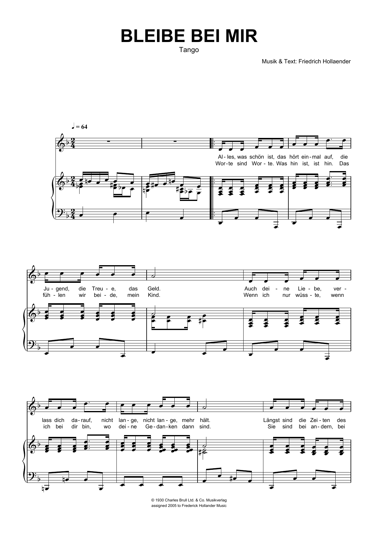 Friedrich Hollaender Bleibe Bei Mir Sheet Music Notes & Chords for Piano & Vocal - Download or Print PDF