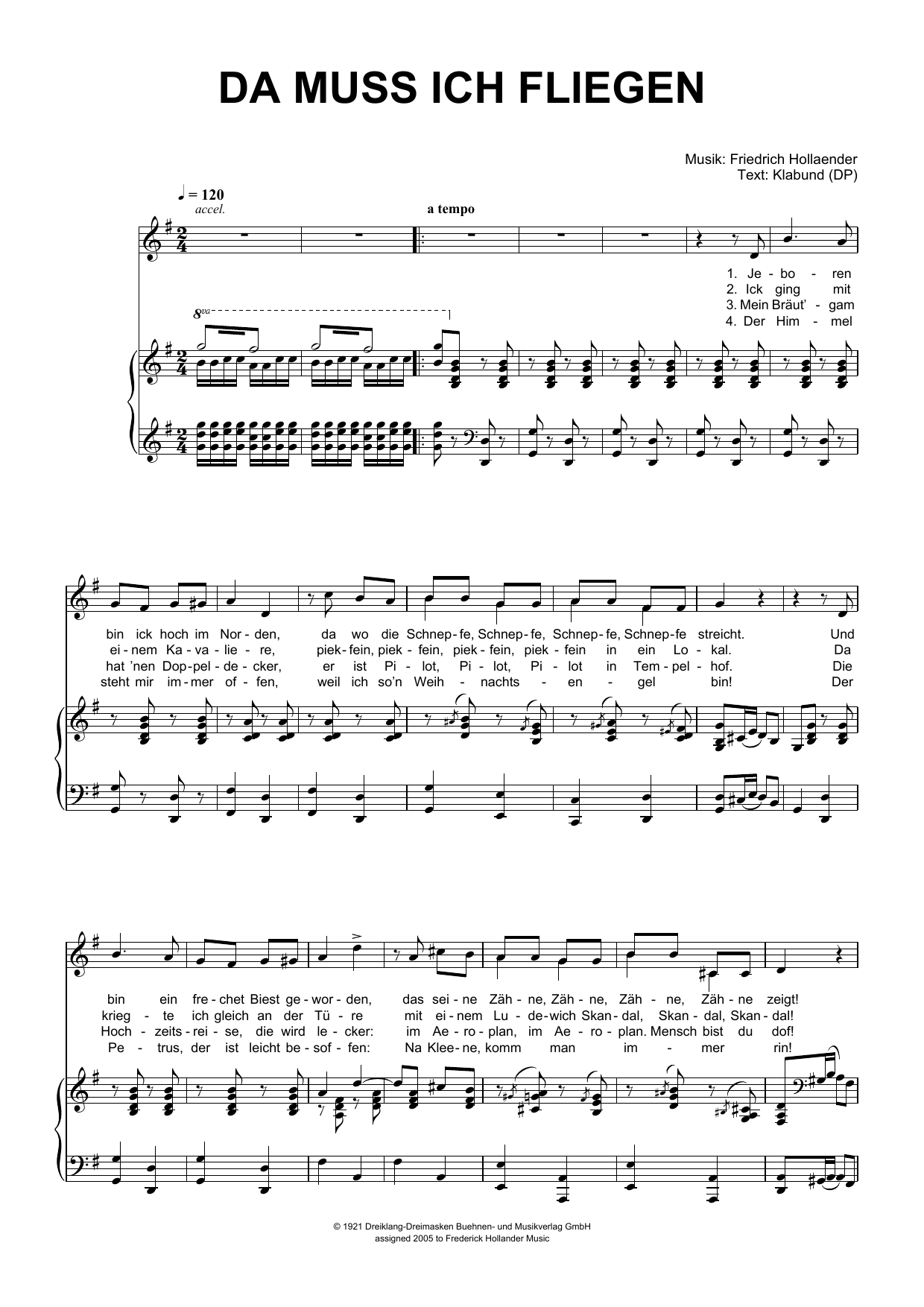 Friedrich Hollaender Da Muss Ich Fliegen Sheet Music Notes & Chords for Piano & Vocal - Download or Print PDF