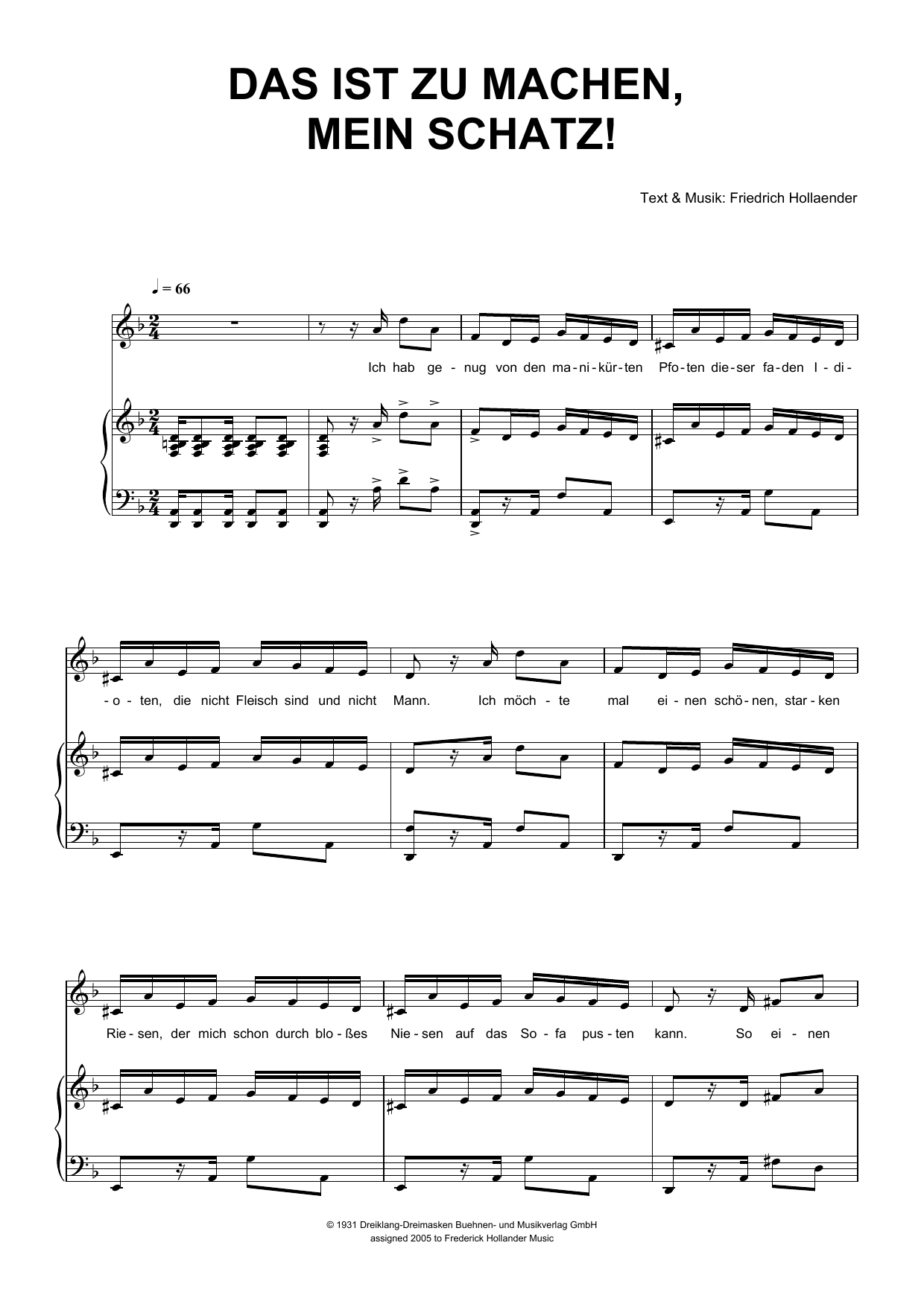 Friedrich Hollaender Das Ist Zu Machen, Mein Schatz! Sheet Music Notes & Chords for Piano & Vocal - Download or Print PDF