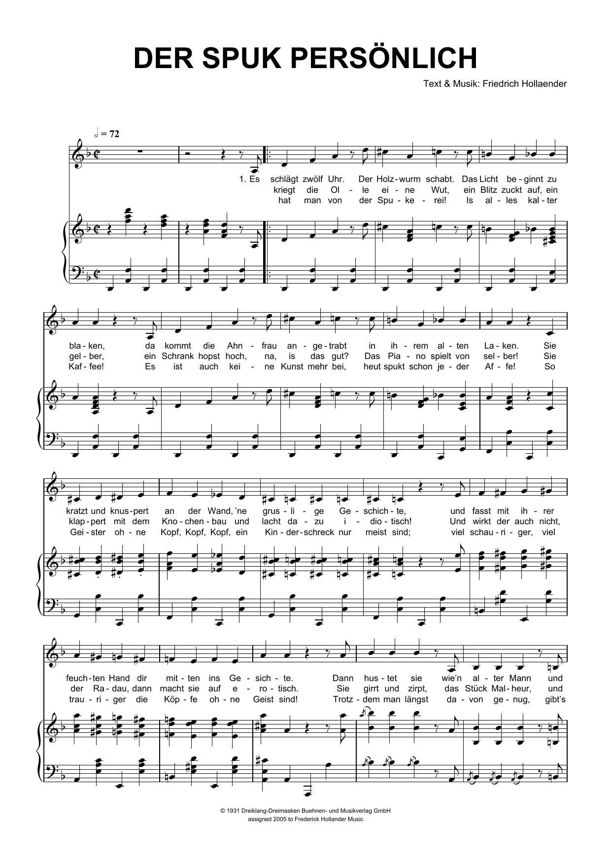 Friedrich Hollaender Der Spuk Personlich Sheet Music Notes & Chords for Piano & Vocal - Download or Print PDF