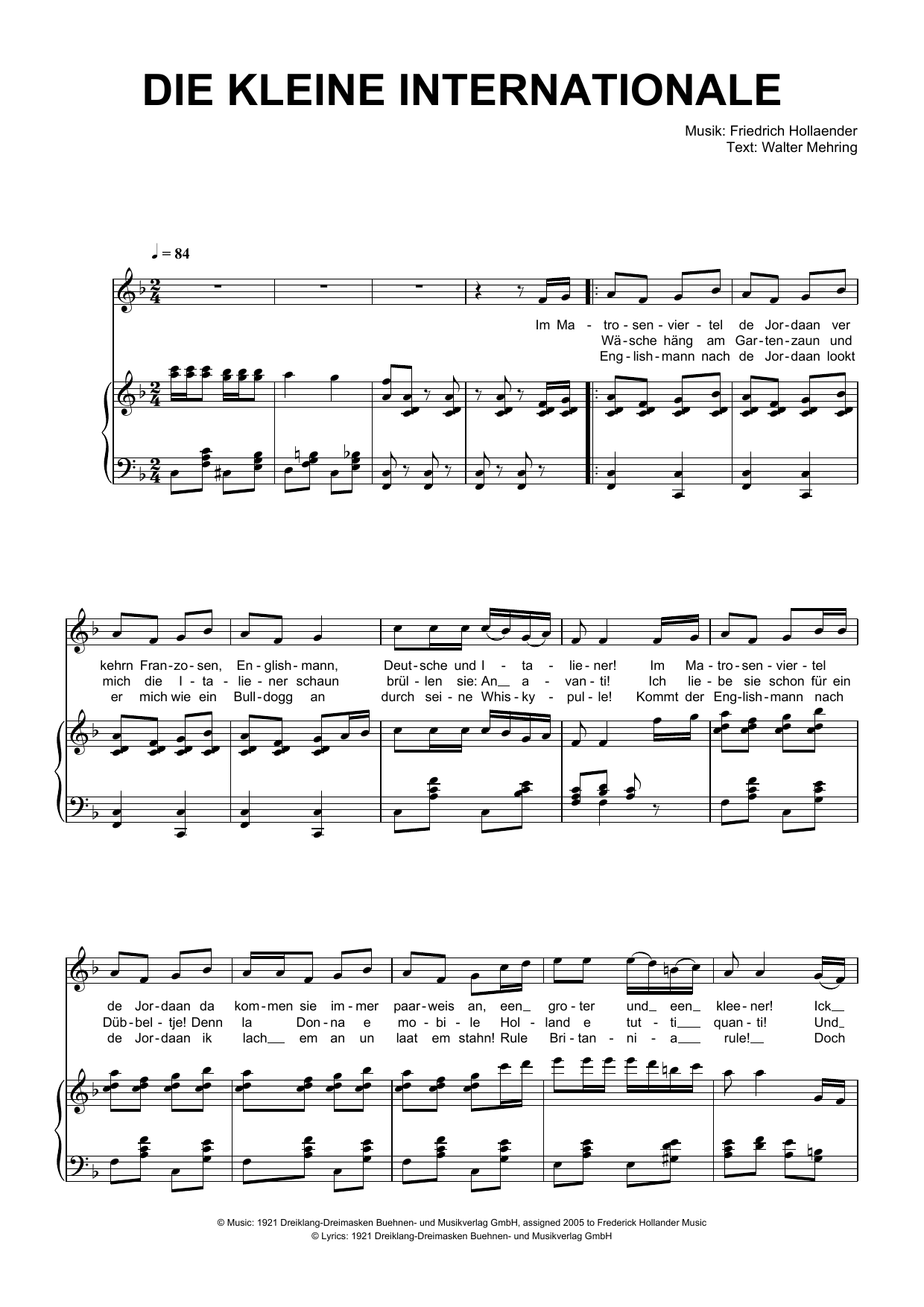 Friedrich Hollaender Die Kleine Internationale Sheet Music Notes & Chords for Piano & Vocal - Download or Print PDF