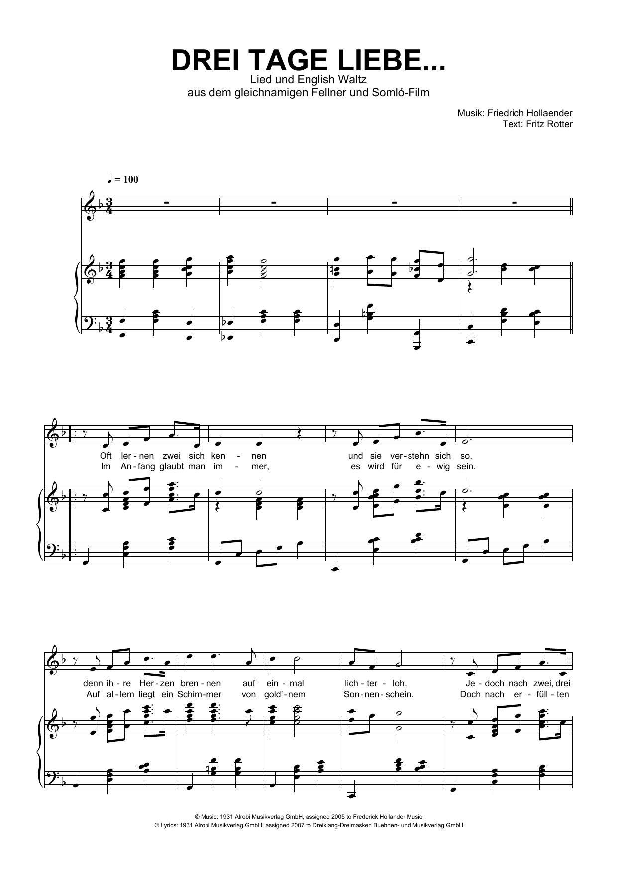 Friedrich Hollaender Drei Tage Liebe Sheet Music Notes & Chords for Piano & Vocal - Download or Print PDF