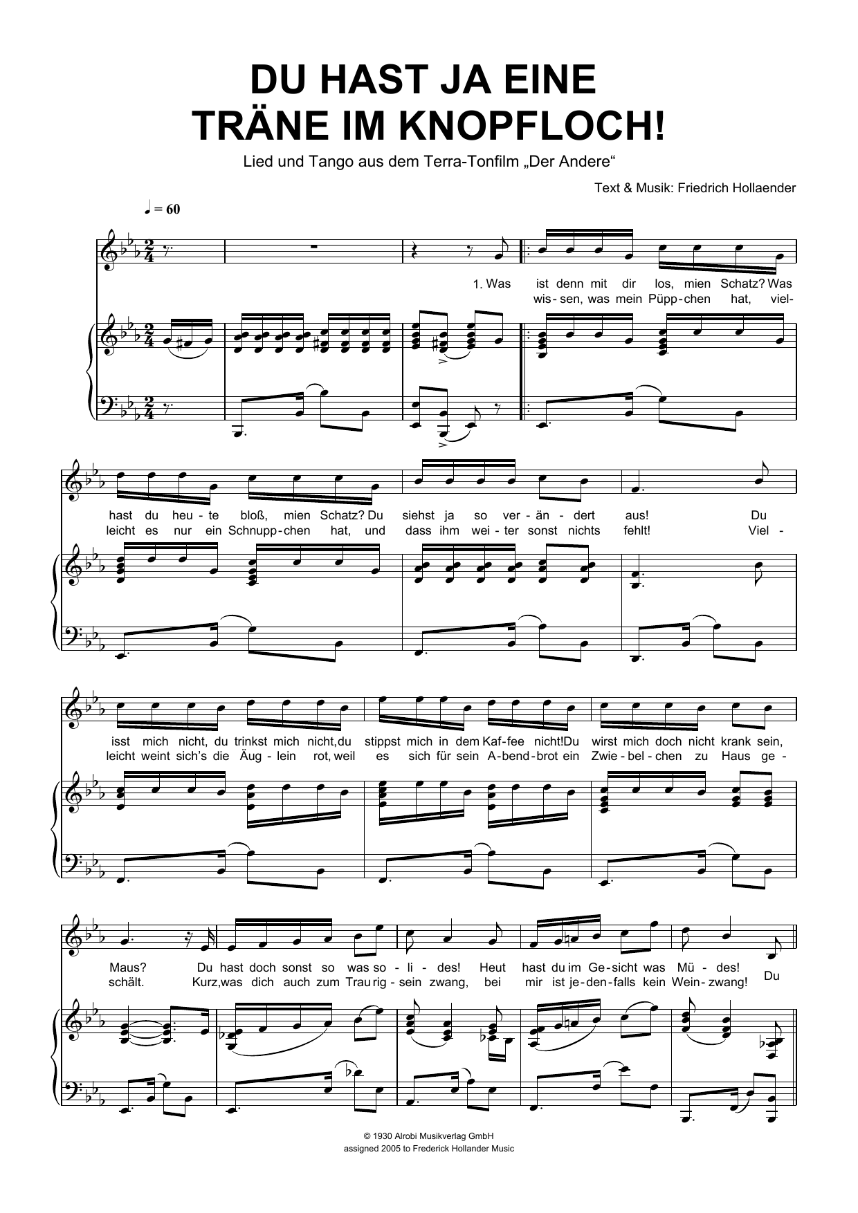 Friedrich Hollaender Du Hast Ja Eine Trane Im Knopfloch! Sheet Music Notes & Chords for Piano & Vocal - Download or Print PDF