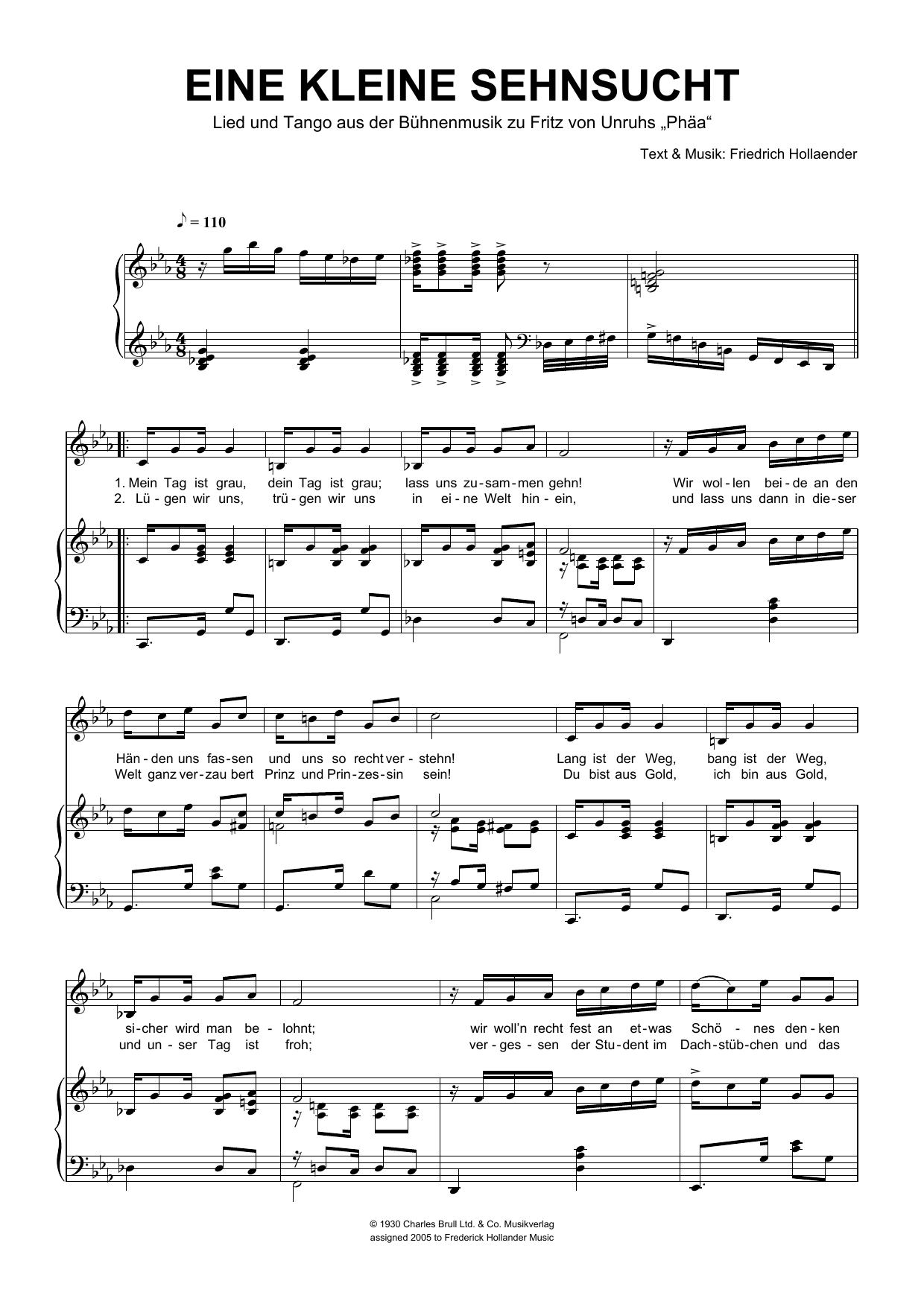 Friedrich Hollaender Eine Kleine Sehnsucht Sheet Music Notes & Chords for Piano & Vocal - Download or Print PDF