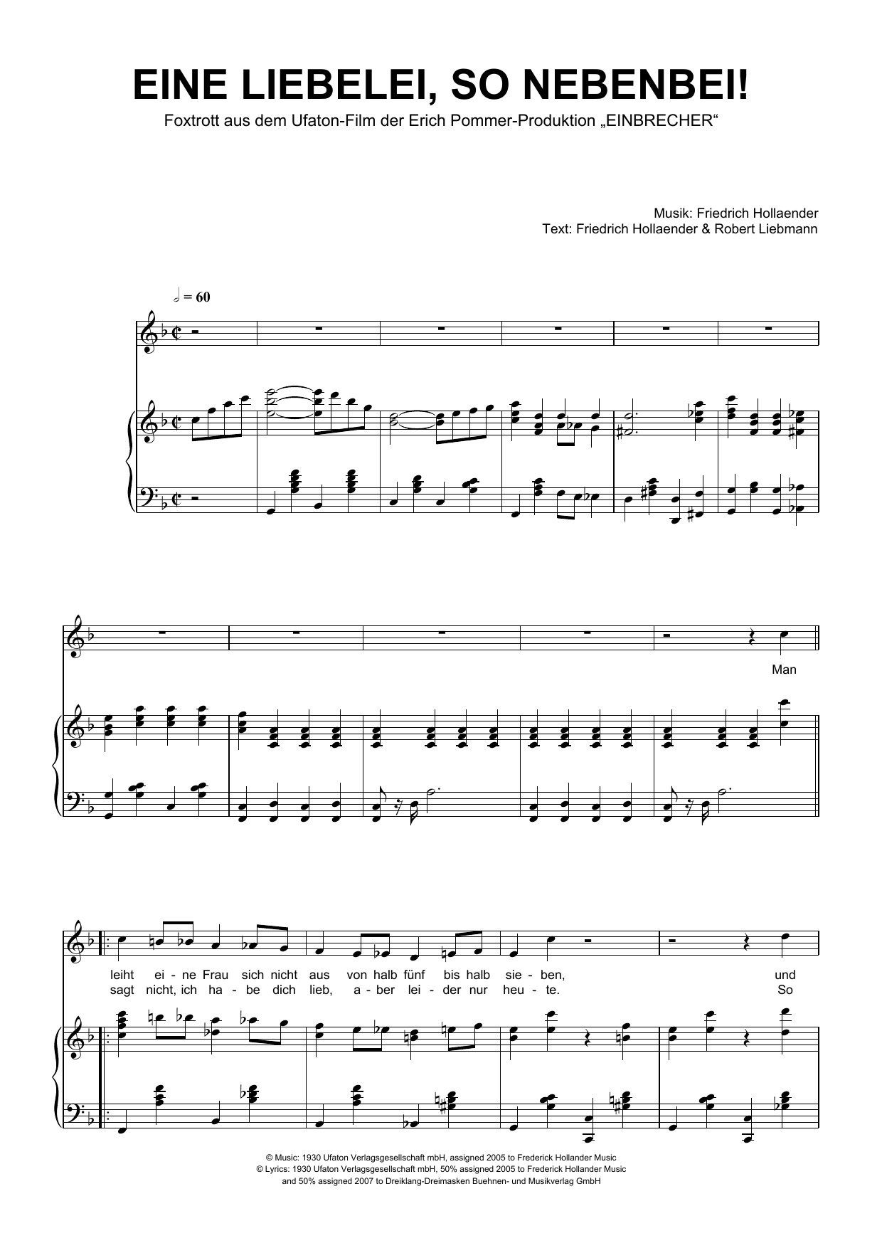 Friedrich Hollaender Eine Liebelei, So Nebenbei! Sheet Music Notes & Chords for Piano & Vocal - Download or Print PDF