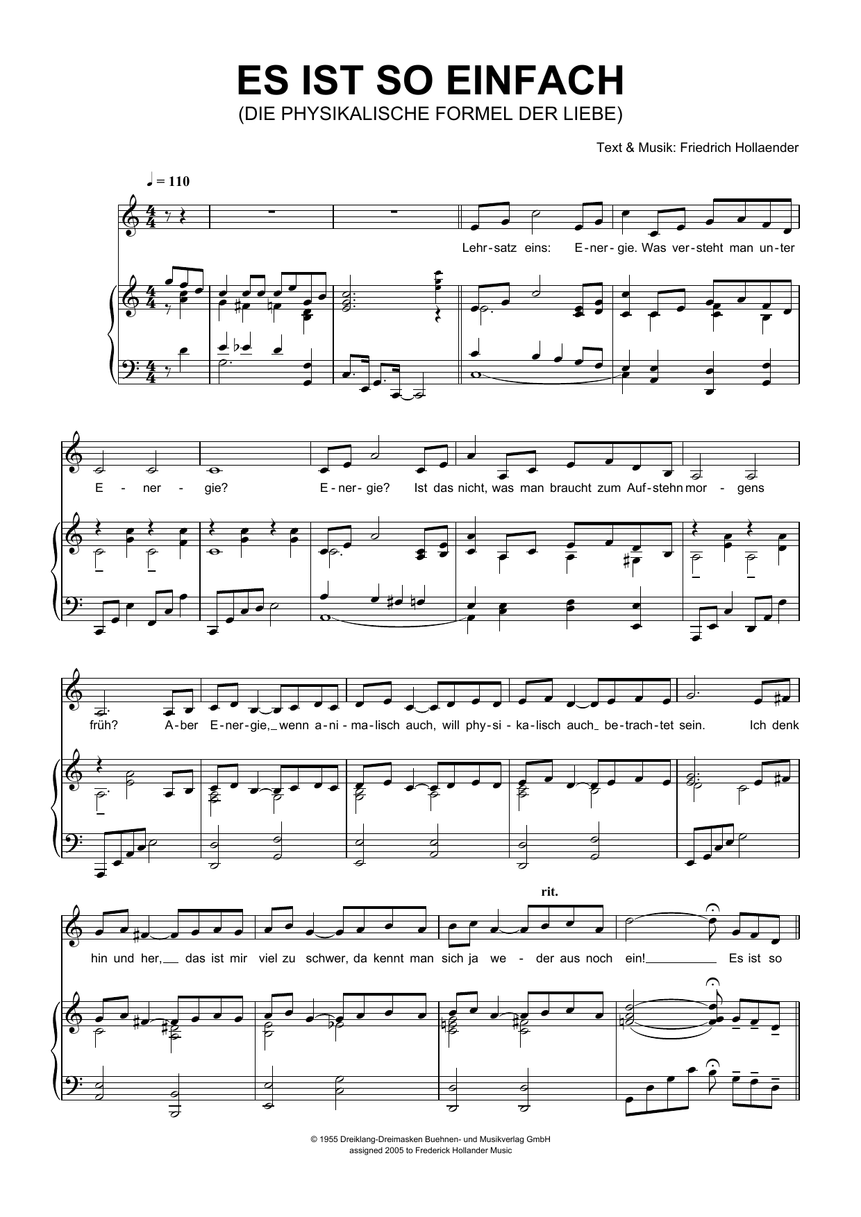 Friedrich Hollaender Es Ist So Einfach (Die Physikalische Formel Der Liebe) Sheet Music Notes & Chords for Piano & Vocal - Download or Print PDF