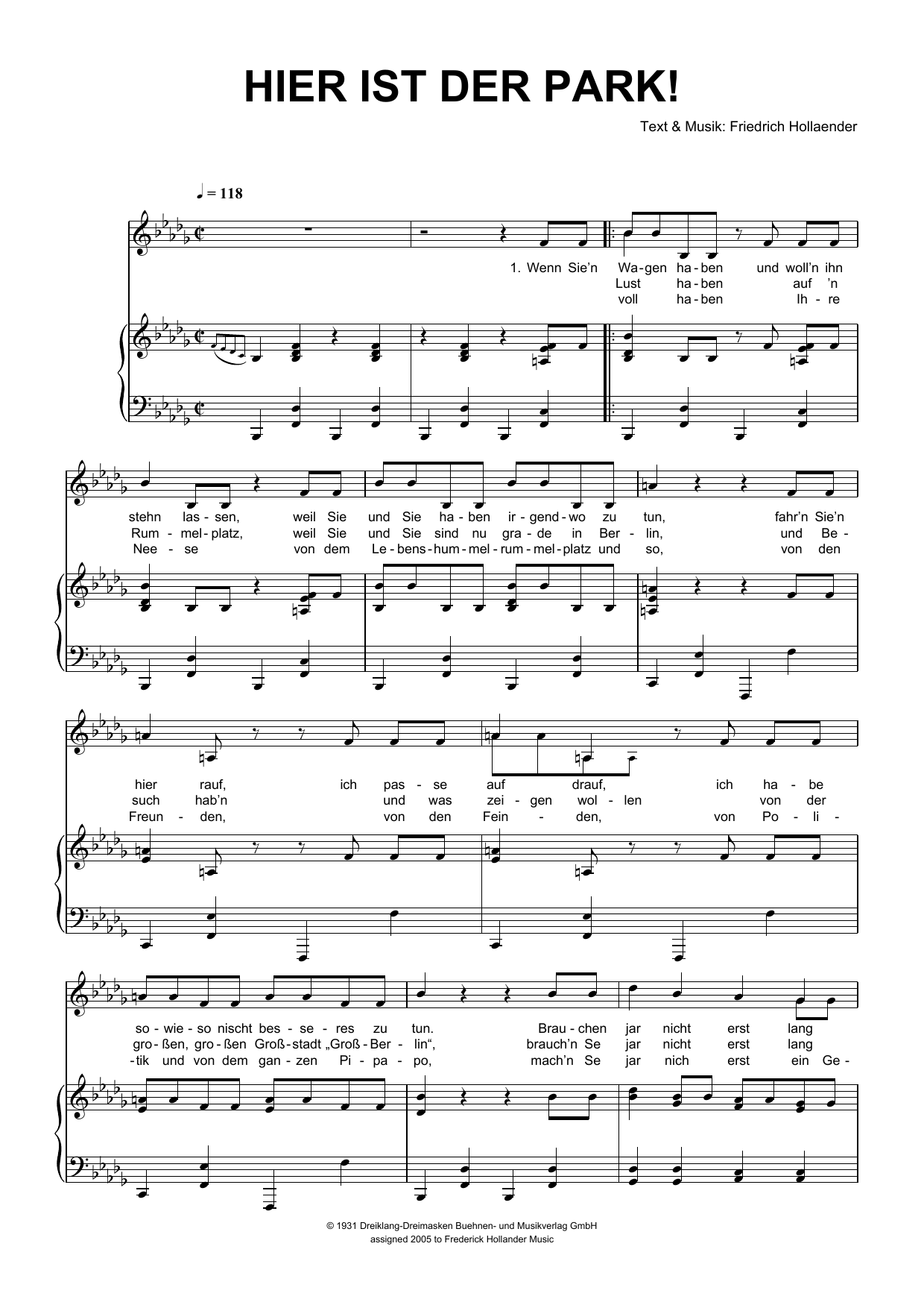 Friedrich Hollaender Hier Ist Der Park! Sheet Music Notes & Chords for Piano & Vocal - Download or Print PDF