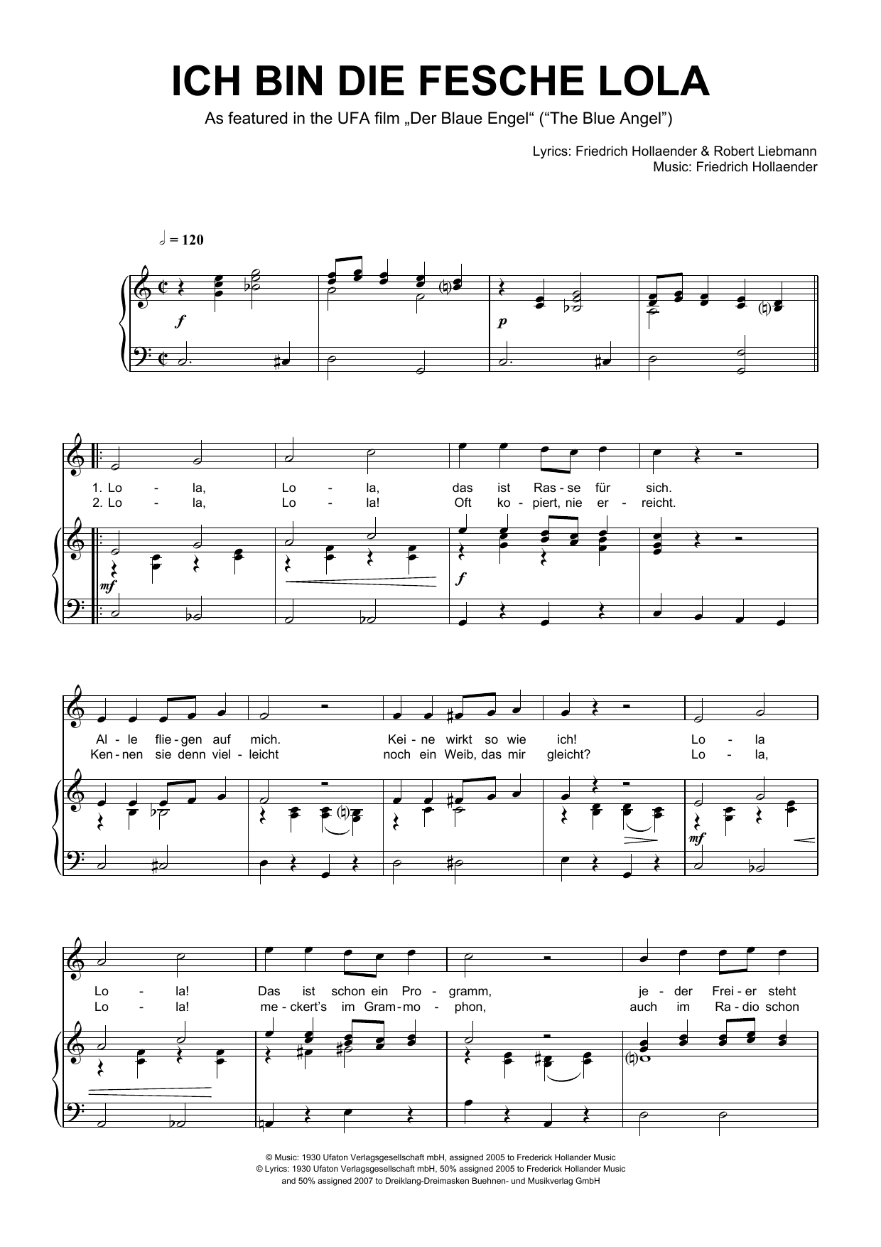 Friedrich Hollaender Ich Bin Die Fesche Lola Sheet Music Notes & Chords for Piano & Vocal - Download or Print PDF