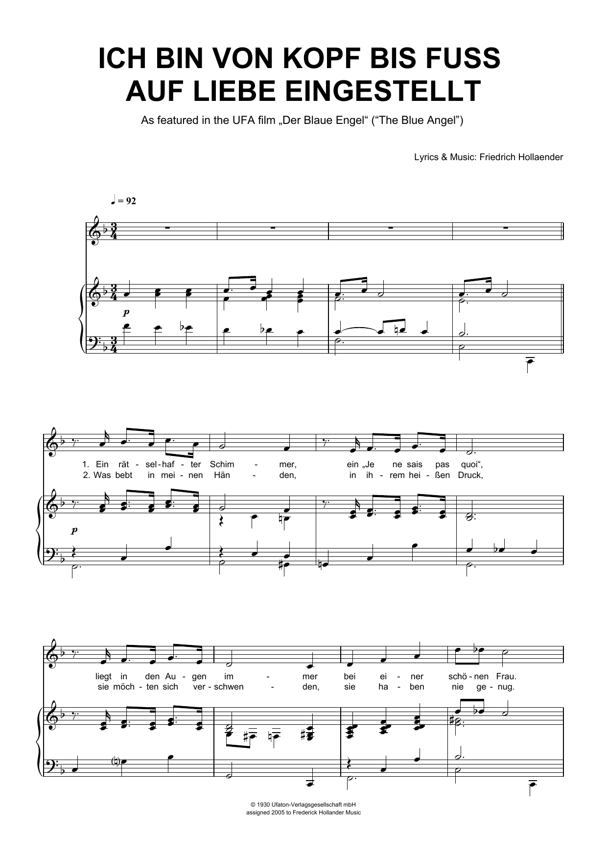 Friedrich Hollaender Ich Bin Von Kopf Bis Fuss Auf Liebe Eingestellt Sheet Music Notes & Chords for Piano & Vocal - Download or Print PDF