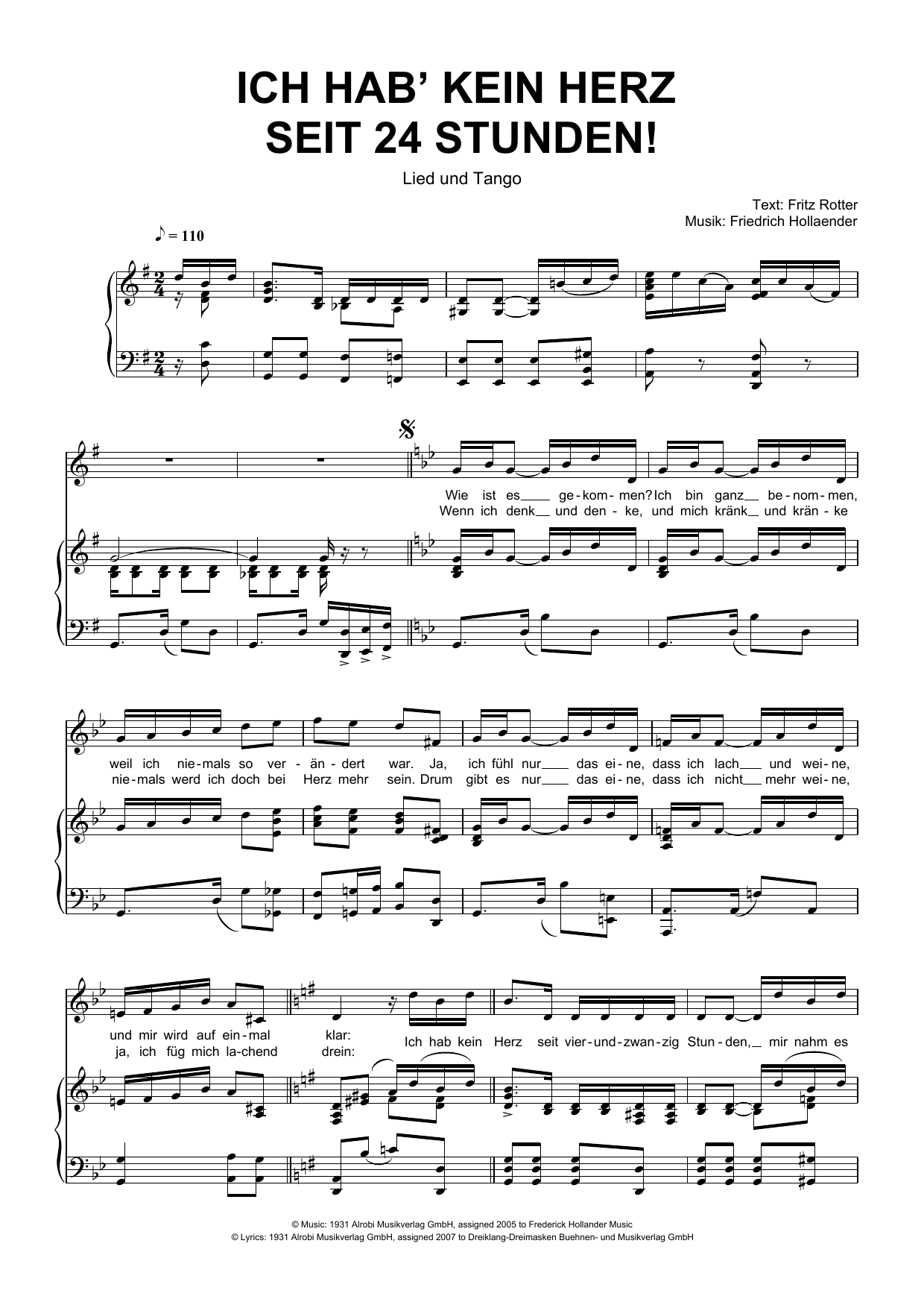 Friedrich Hollaender Ich Hab' Kein Herz Seit 24 Stunden! Sheet Music Notes & Chords for Piano & Vocal - Download or Print PDF