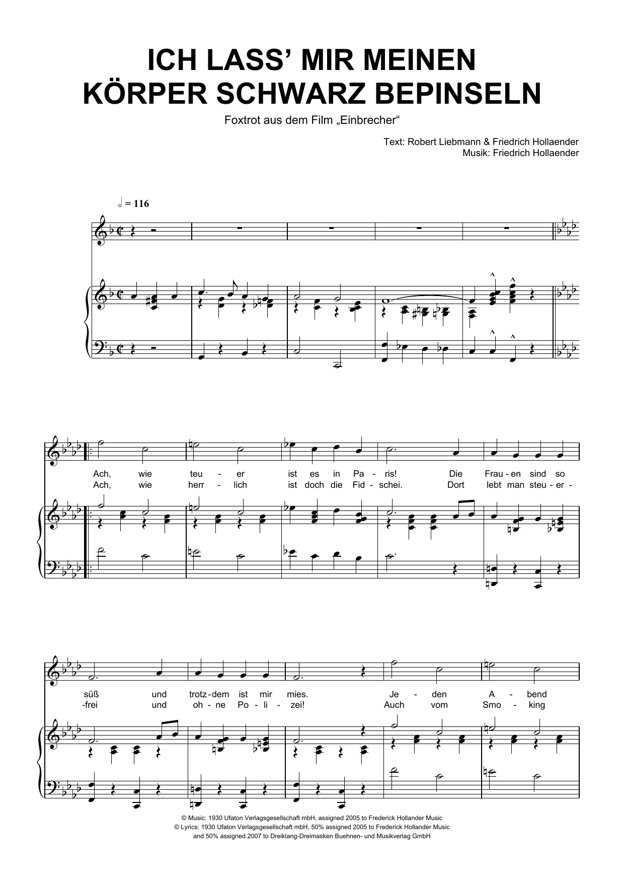 Friedrich Hollaender Ich Lass Mir Meinen Korper Schwarz Bepinseln Sheet Music Notes & Chords for Piano & Vocal - Download or Print PDF