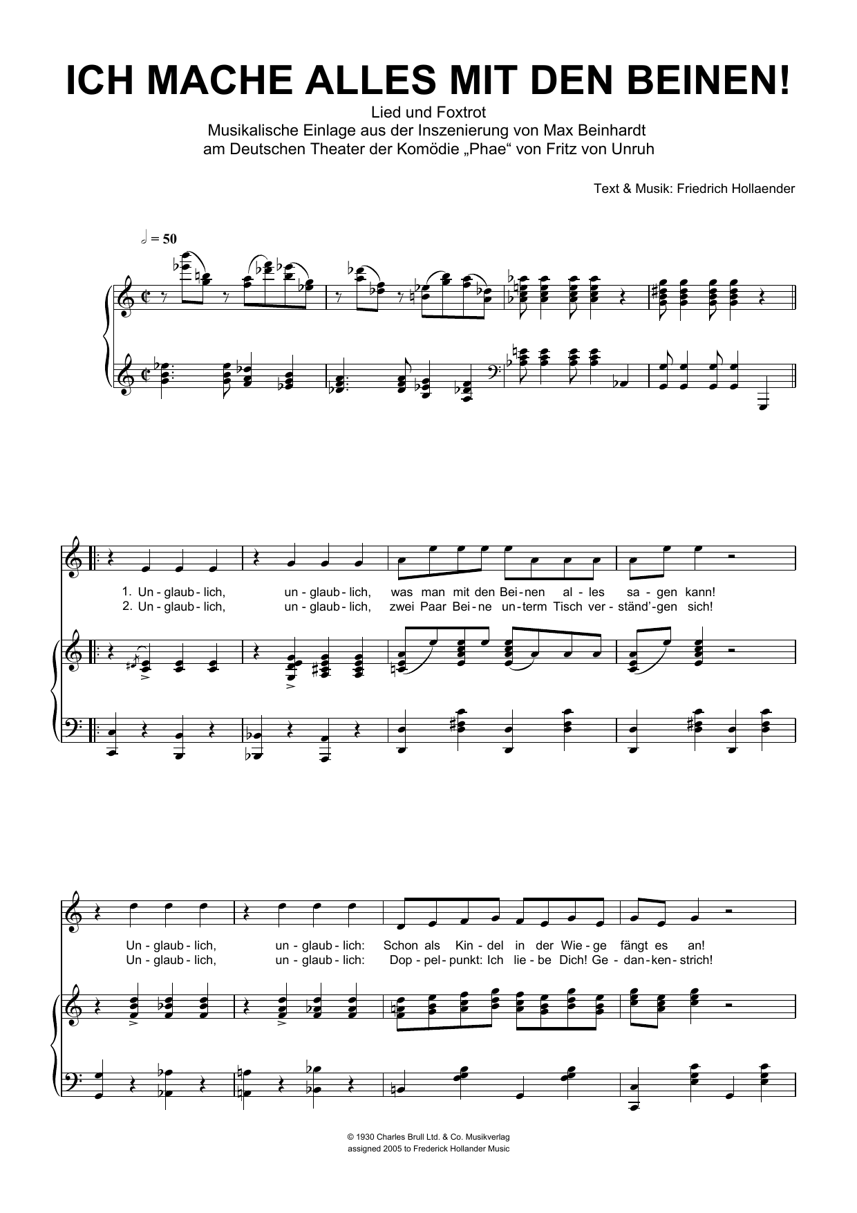 Friedrich Hollaender Ich Mache Alles Mit Den Beinen! Sheet Music Notes & Chords for Piano & Vocal - Download or Print PDF