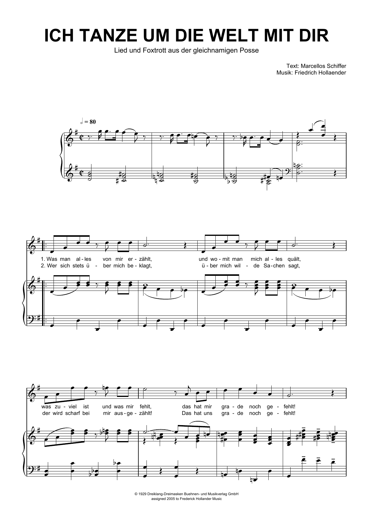 Friedrich Hollaender Ich Tanze Um Die Welt Mit Dir Sheet Music Notes & Chords for Piano & Vocal - Download or Print PDF