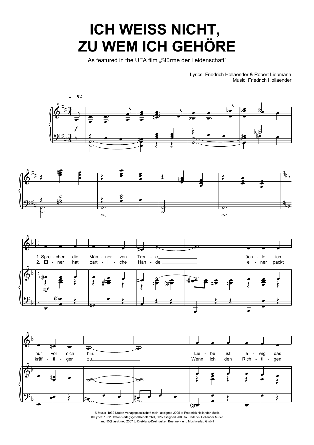 Friedrich Hollaender Ich Weiss Nicht, Zu Wem Ich Gehore Sheet Music Notes & Chords for Piano & Vocal - Download or Print PDF