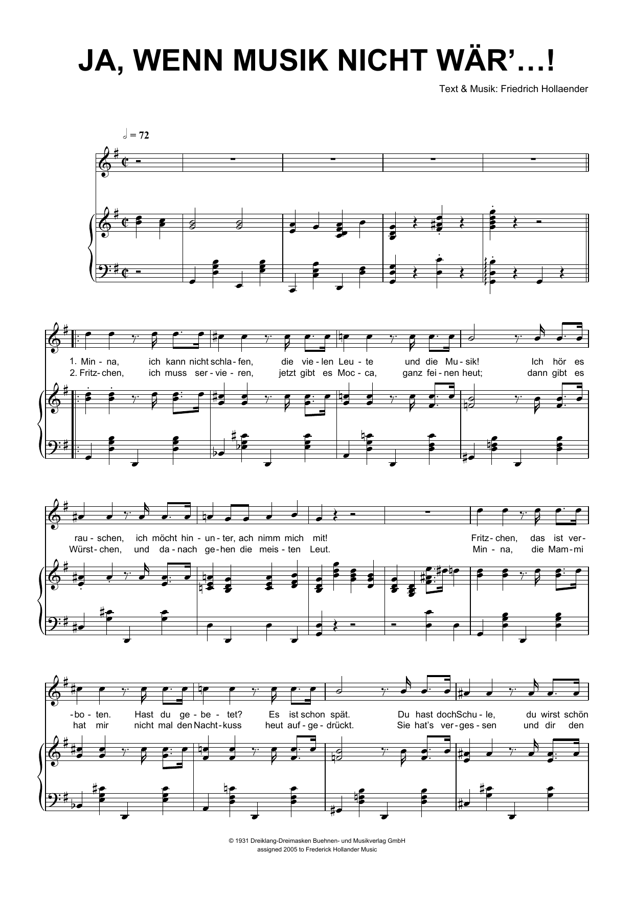 Friedrich Hollaender Ja, Wenn Die Musik Nicht War'...! Sheet Music Notes & Chords for Piano & Vocal - Download or Print PDF