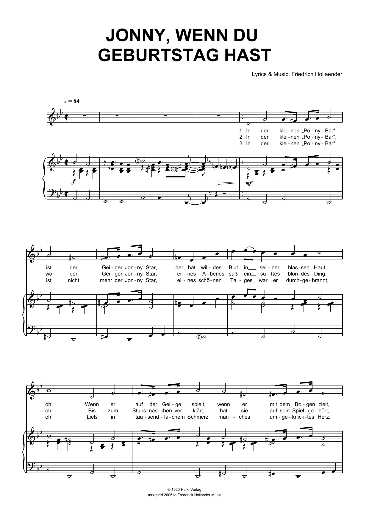 Friedrich Hollaender Jonny, Wenn Du Geburtstag Hast Sheet Music Notes & Chords for Piano & Vocal - Download or Print PDF