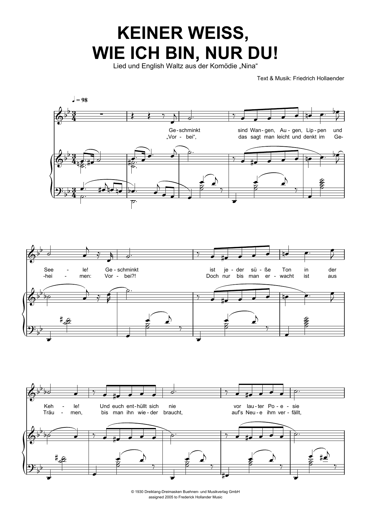 Friedrich Hollaender Keiner Weiss, Wie Ich Bin, Nur Du! Sheet Music Notes & Chords for Piano & Vocal - Download or Print PDF