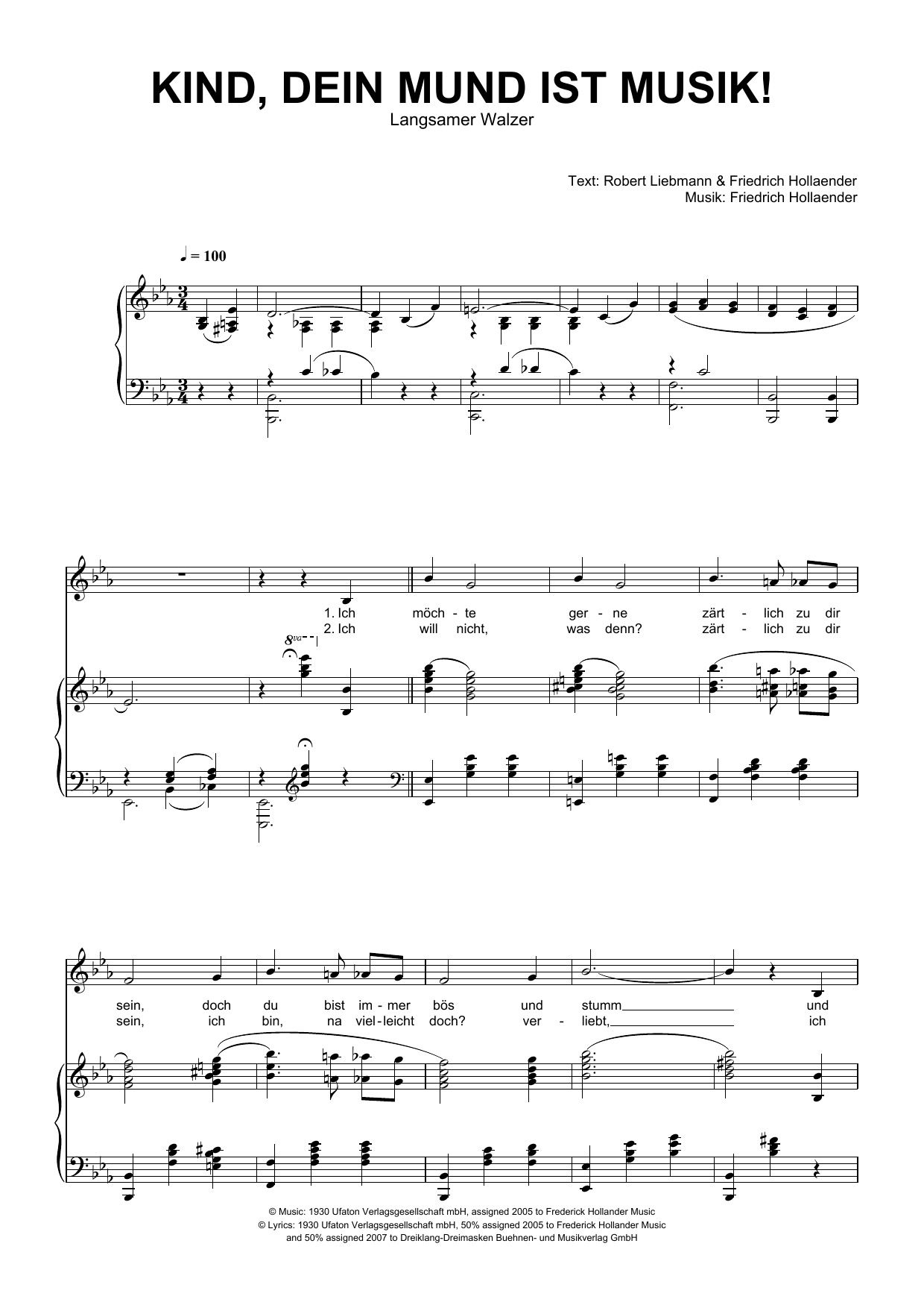 Friedrich Hollaender Kind, Dein Mund Ist Musik! Sheet Music Notes & Chords for Piano & Vocal - Download or Print PDF