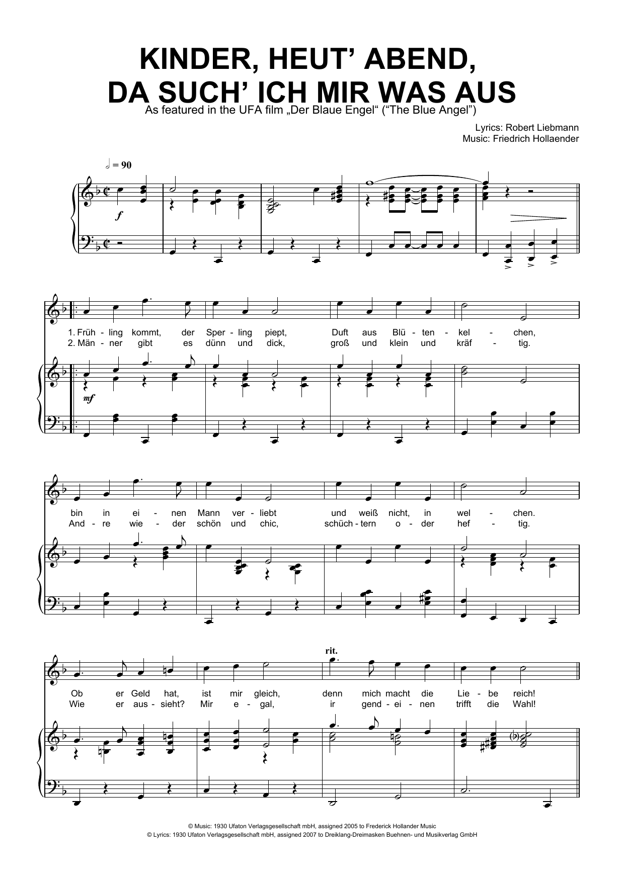 Friedrich Hollaender Kinder, Heut' Abend, Da Such' Ich Mir Was Aus Sheet Music Notes & Chords for Piano & Vocal - Download or Print PDF