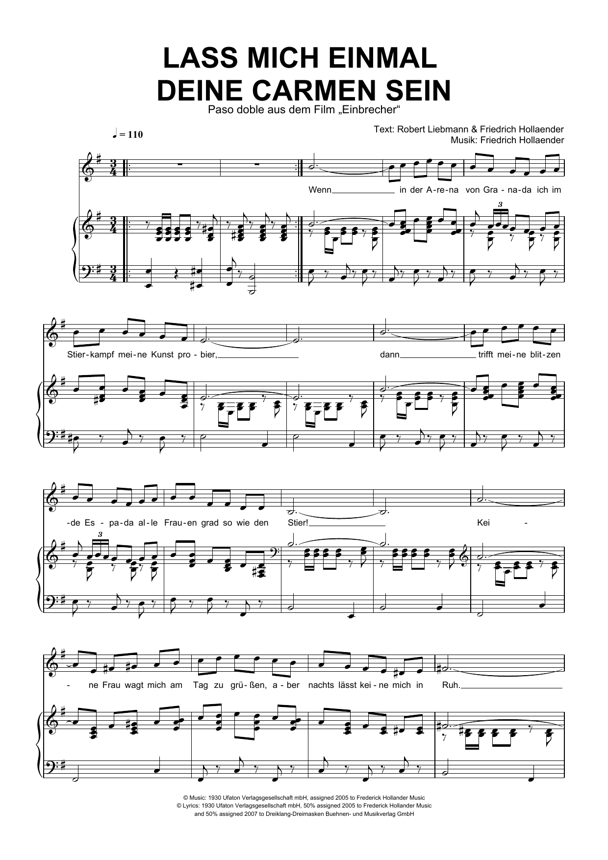 Friedrich Hollaender Lass Mich Einmal Deine Carmen Sein Sheet Music Notes & Chords for Piano & Vocal - Download or Print PDF