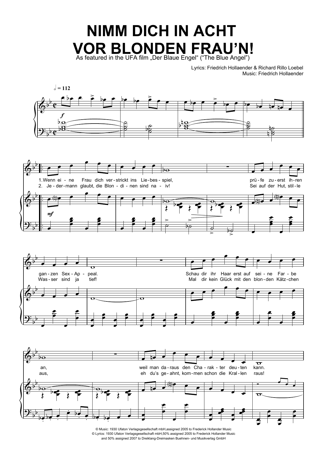 Friedrich Hollaender Nimm Dich In Acht Vor Blonden Frau'n! Sheet Music Notes & Chords for Piano & Vocal - Download or Print PDF