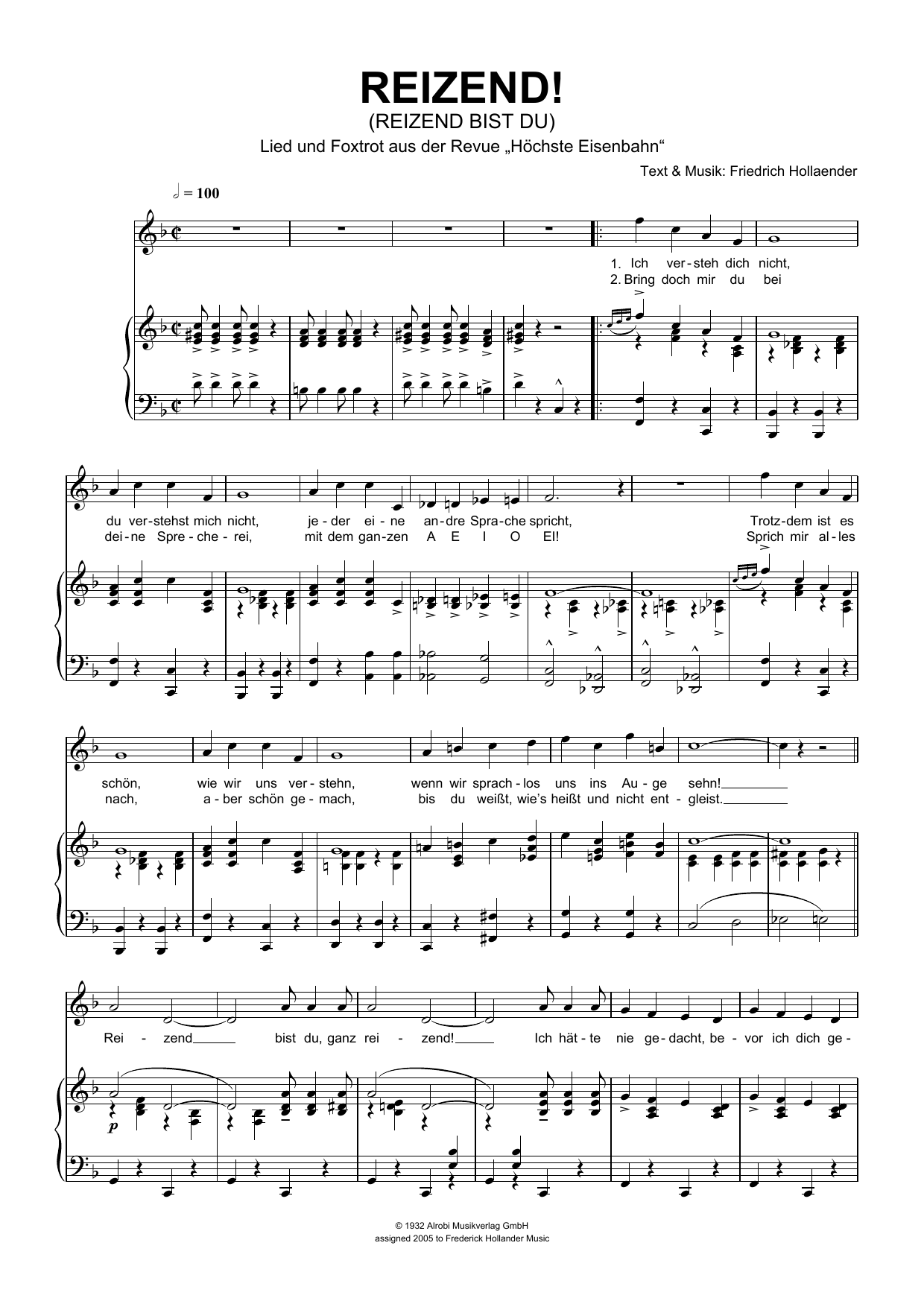 Friedrich Hollaender Reizend! (Reizend Bist Du) Sheet Music Notes & Chords for Piano & Vocal - Download or Print PDF