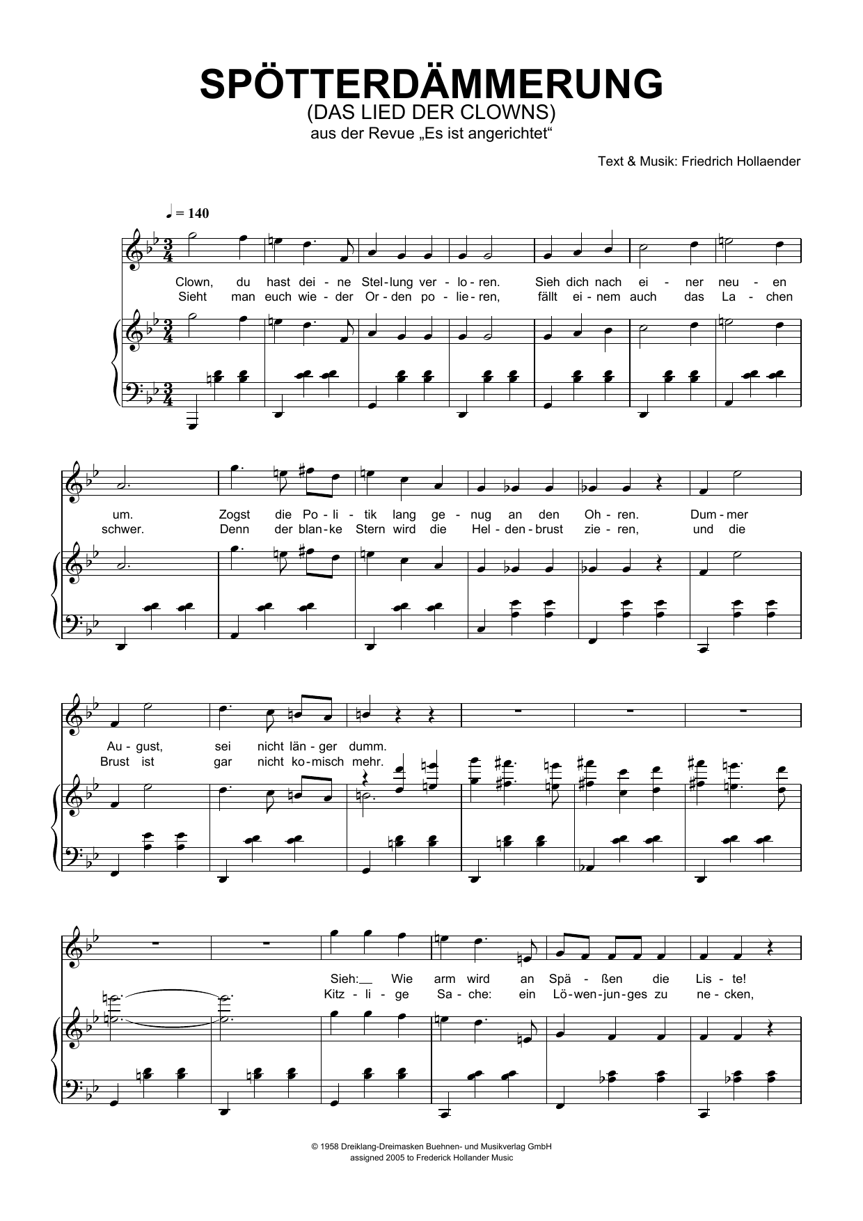 Friedrich Hollaender Spotterdammerung (Das Lied Der Clowns) Sheet Music Notes & Chords for Piano & Vocal - Download or Print PDF