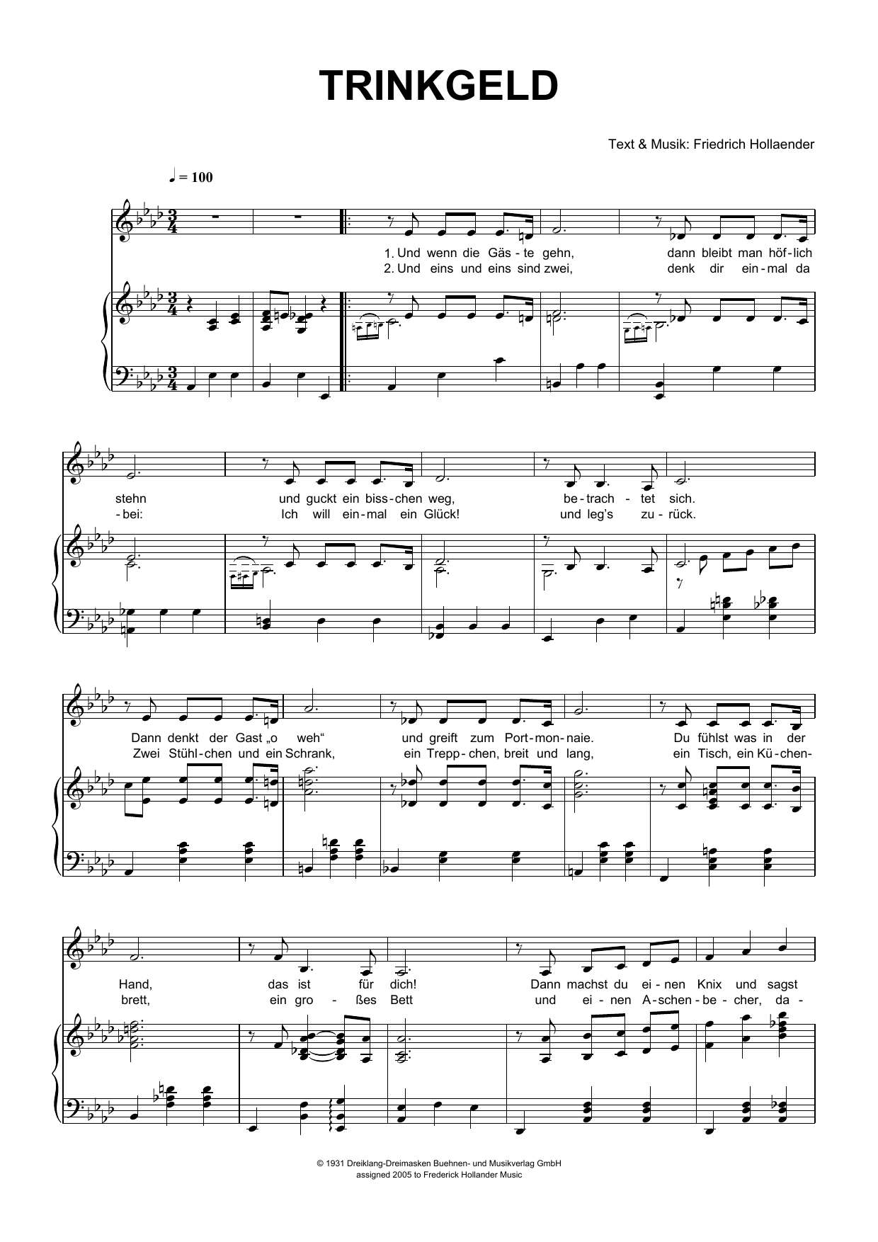 Friedrich Hollaender Trinkgeld Sheet Music Notes & Chords for Piano & Vocal - Download or Print PDF