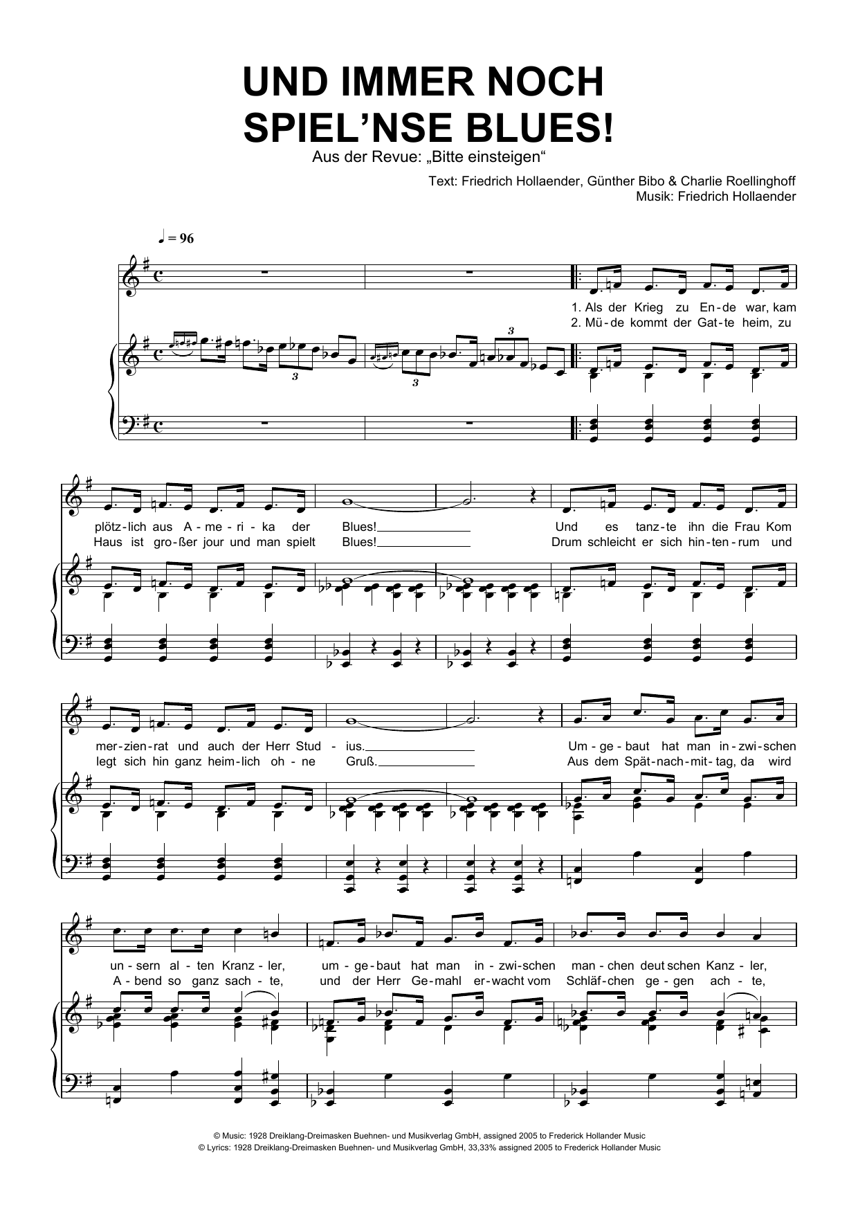 Friedrich Hollaender Und Immer Noch Spiel'nse Blues! Sheet Music Notes & Chords for Piano & Vocal - Download or Print PDF