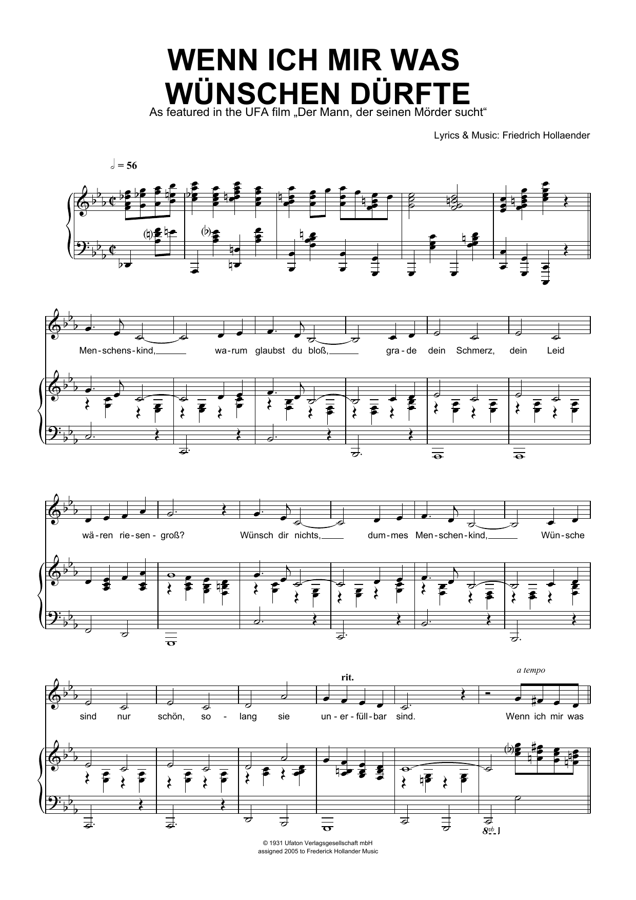 Friedrich Hollaender Wenn Ich Mir Was Wunchen Durfte Sheet Music Notes & Chords for Piano & Vocal - Download or Print PDF