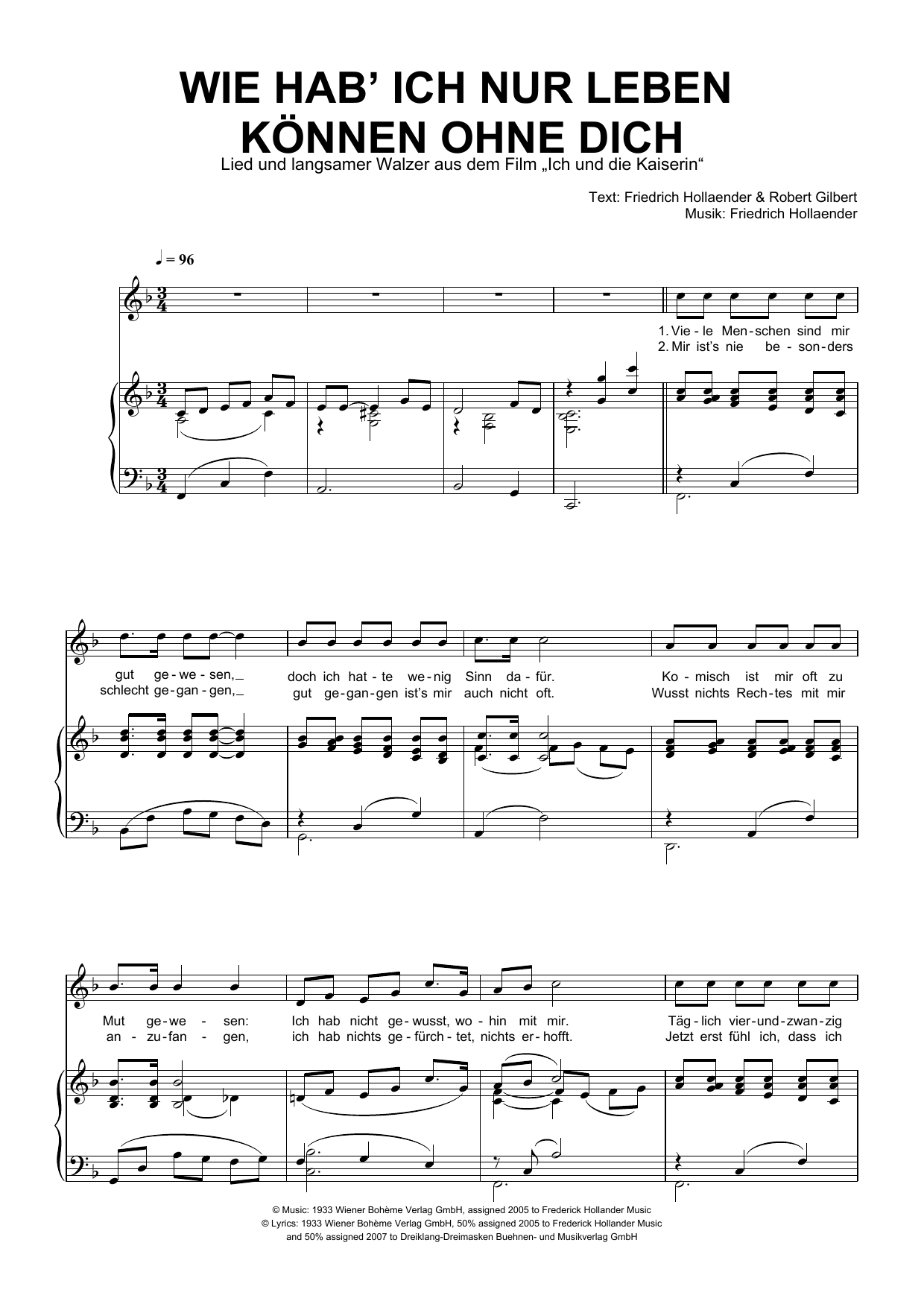 Friedrich Hollaender Wie Hab' Ich Nur Leben Konnen Ohne Dich Sheet Music Notes & Chords for Piano & Vocal - Download or Print PDF