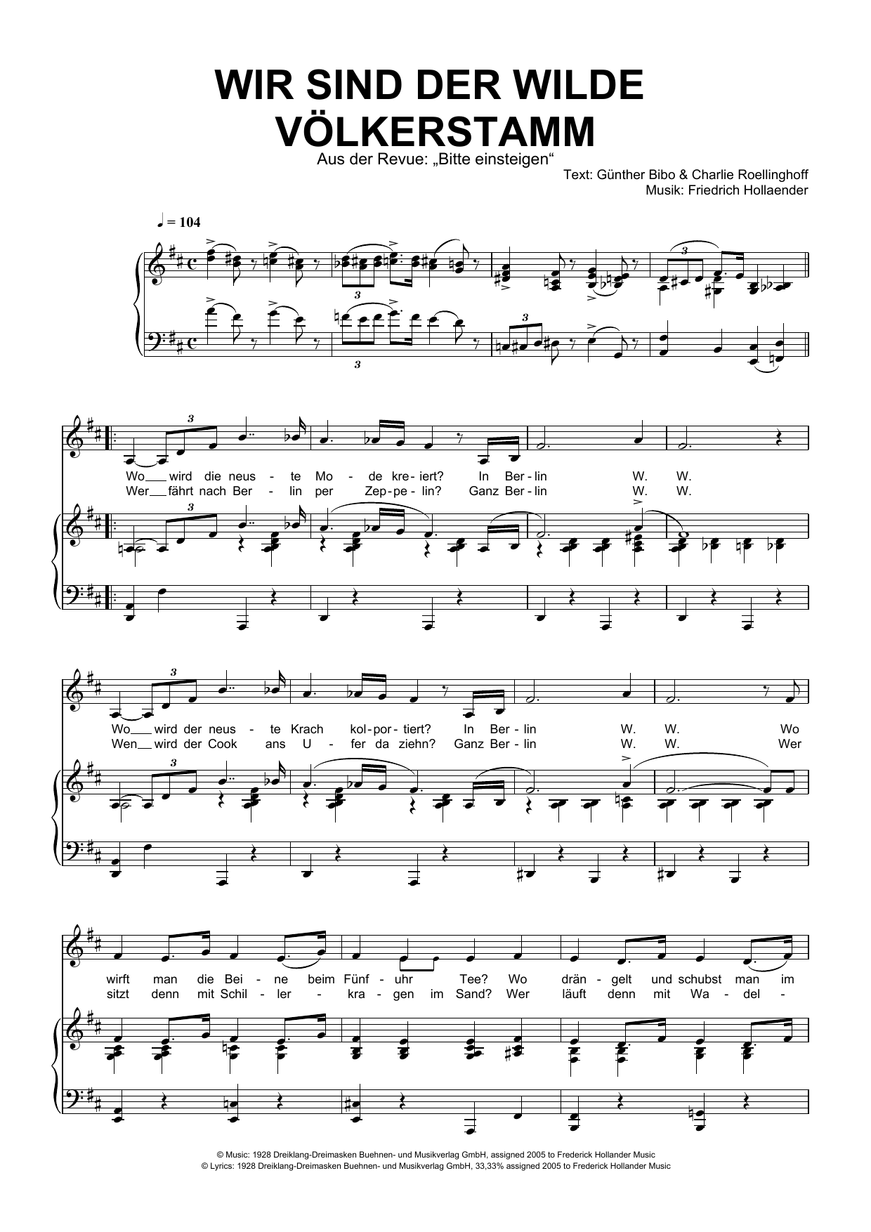 Friedrich Hollaender Wir Sind Der Wilde Volkerstamm Sheet Music Notes & Chords for Piano & Vocal - Download or Print PDF