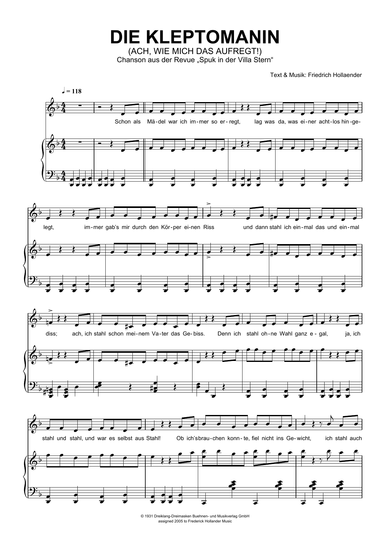 Friedrich Holländer Die Kleptomanin (Ach, Wie Mich Das Aufregt!) Sheet Music Notes & Chords for Piano & Vocal - Download or Print PDF